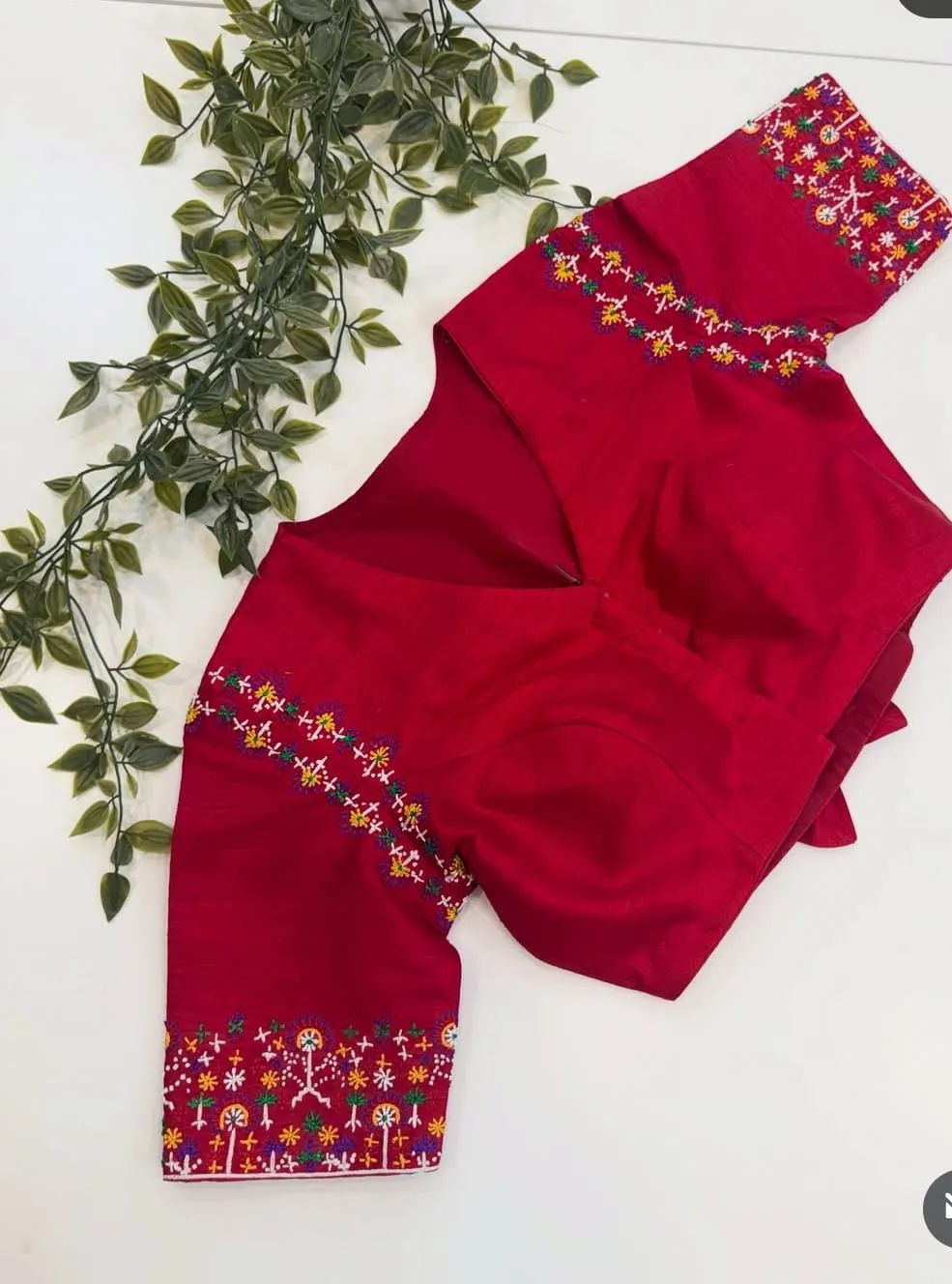 Handcrafted Red Silk Blouse with Colorful Embroidery | Wedding & Party Wear