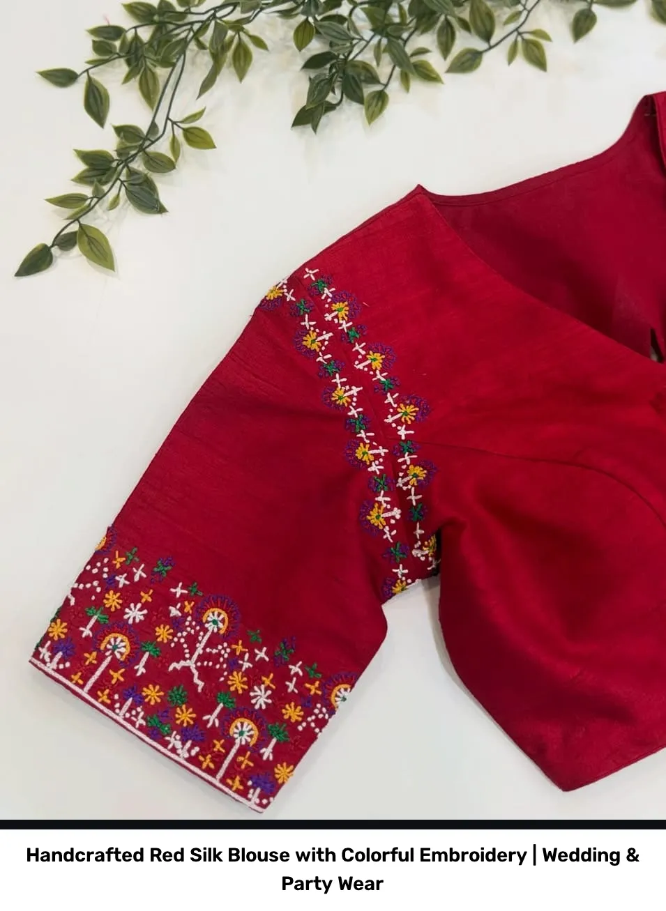 Handcrafted Red Silk Blouse with Colorful Embroidery | Wedding & Party Wear 3