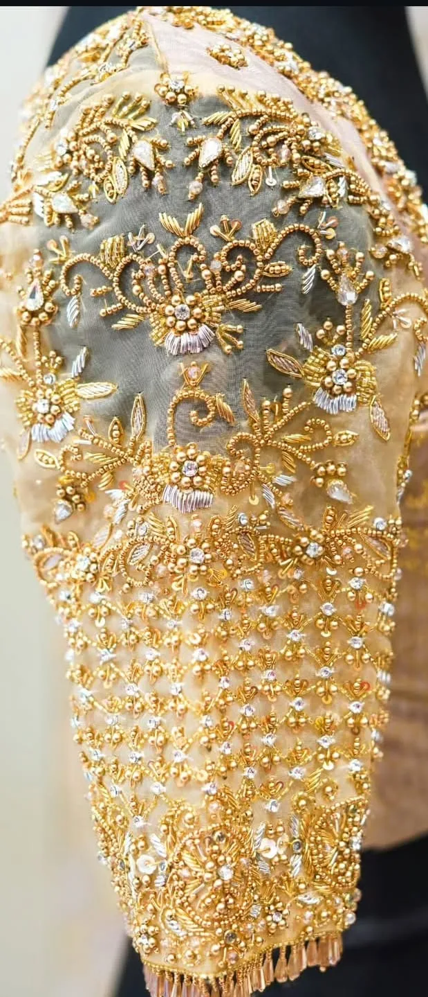 Handcrafted Rose Gold Silk Bridal Blouse | Heavy Zari & Kundan Aari Work | Illusion Sheer Net Neckline & Cutwork Sleeves 1