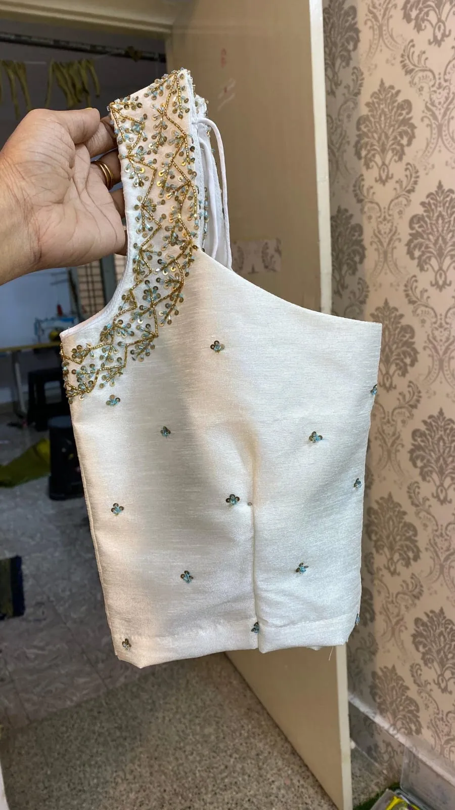 Handcrafted Sequin Embroidered Raw Silk Blouse – Sleeveless Square Neck Readymade Saree Blouse