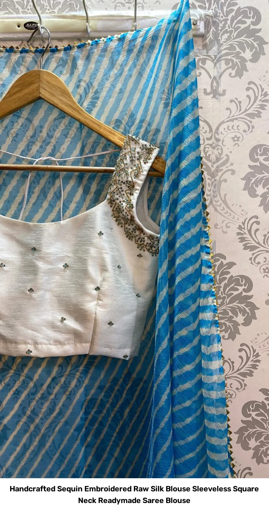 Handcrafted Sequin Embroidered Raw Silk Blouse – Sleeveless Square Neck Readymade Saree Blouse 2