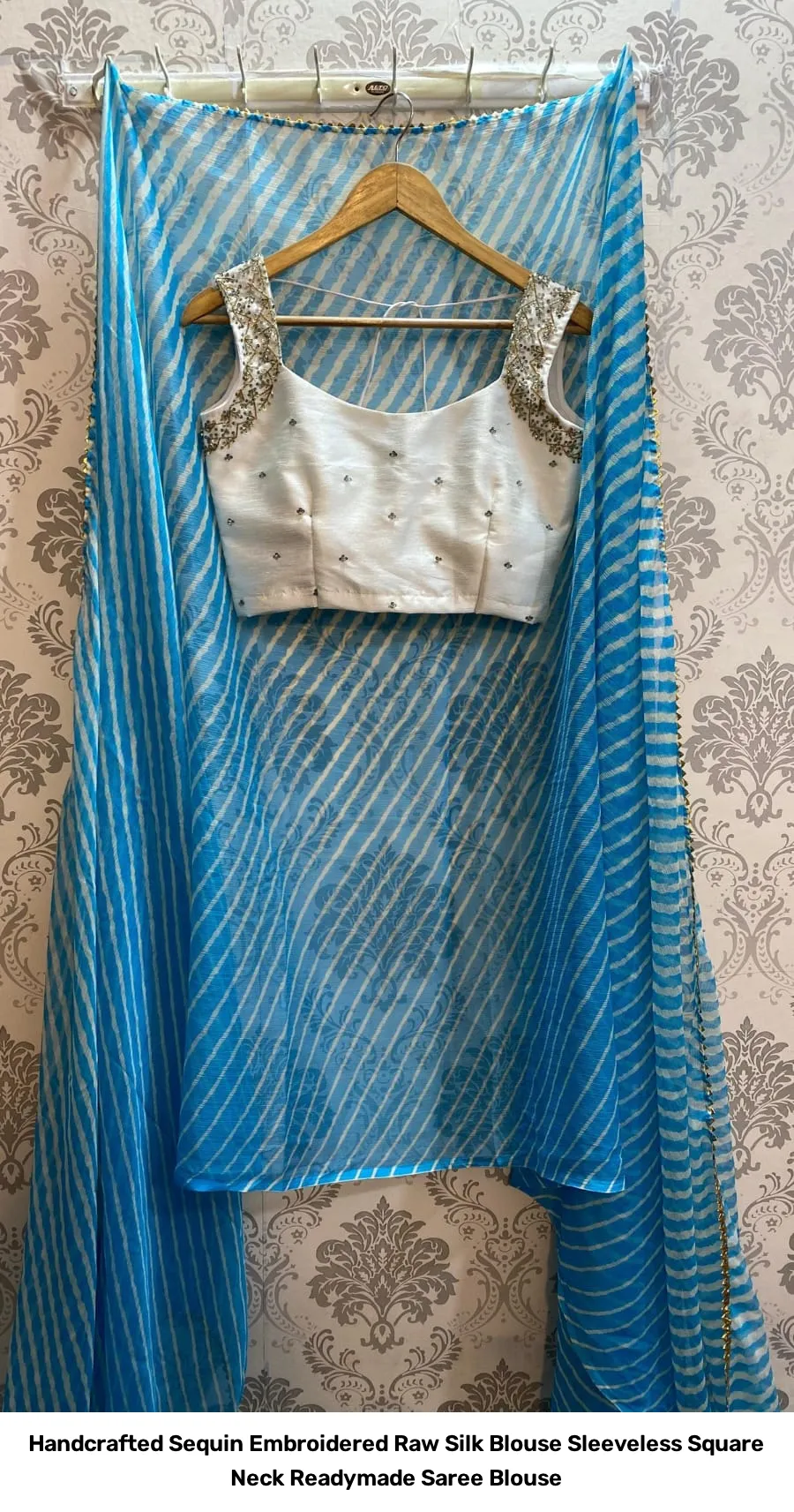 Handcrafted Sequin Embroidered Raw Silk Blouse – Sleeveless Square Neck Readymade Saree Blouse 3