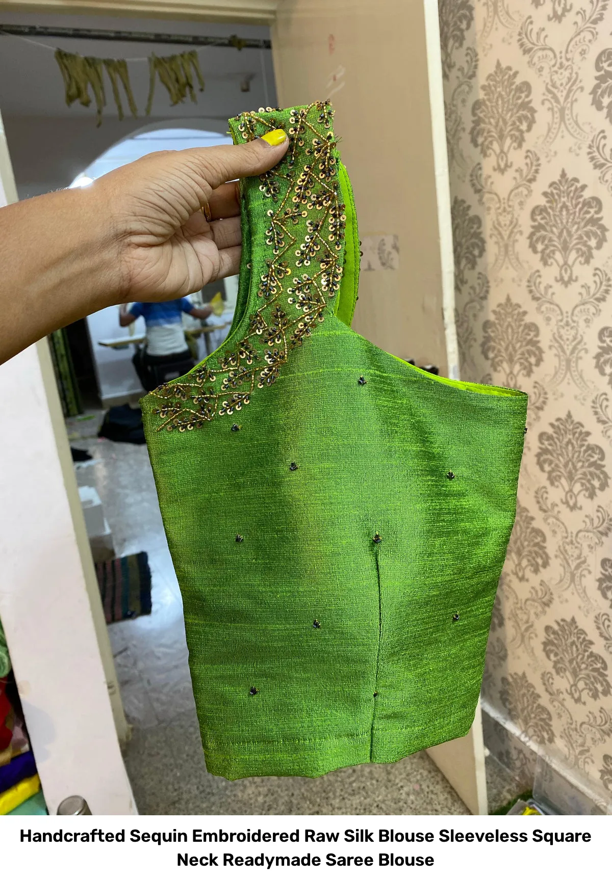 Handcrafted Sequin Embroidered Raw Silk Blouse – Sleeveless Square Neck Readymade Saree Blouse 4