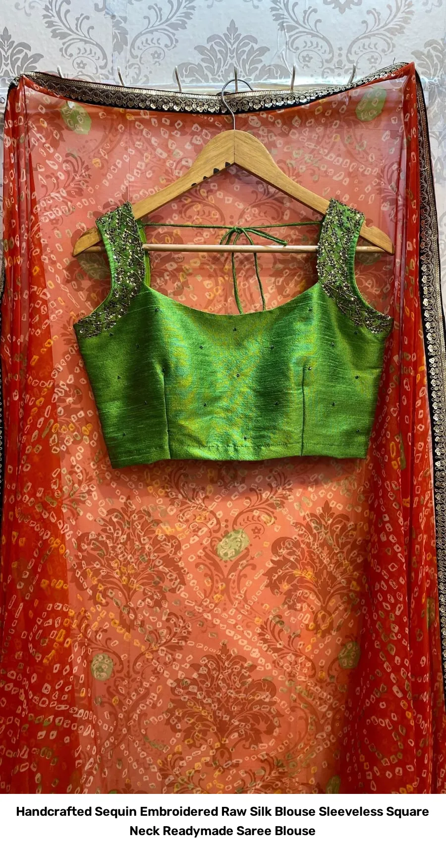Handcrafted Sequin Embroidered Raw Silk Blouse – Sleeveless Square Neck Readymade Saree Blouse 5
