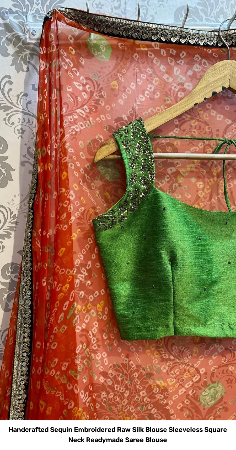 Handcrafted Sequin Embroidered Raw Silk Blouse – Sleeveless Square Neck Readymade Saree Blouse 6