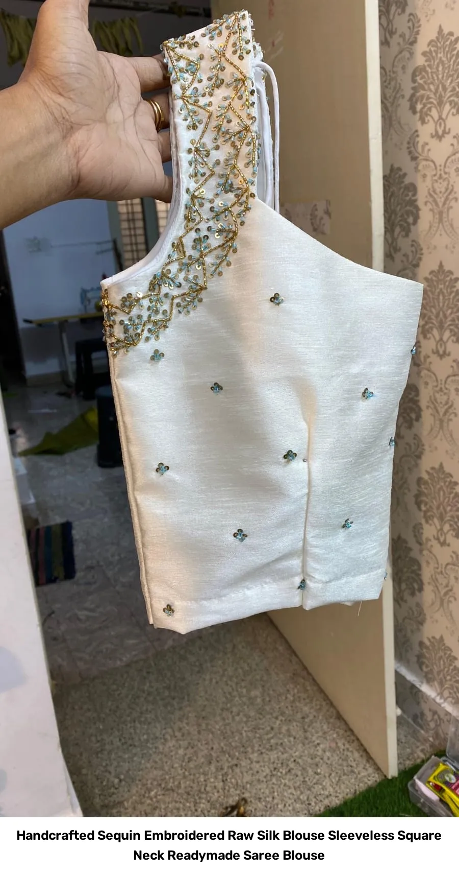 Handcrafted Sequin Embroidered Raw Silk Blouse – Sleeveless Square Neck Readymade Saree Blouse 7