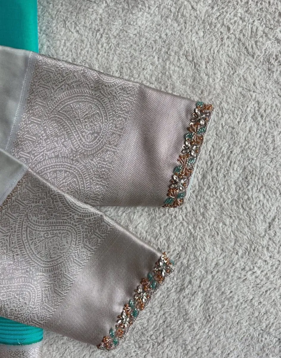 Handcrafted Silver Brocade Readymade Blouse – Teal Floral Cutwork & Maggam Work