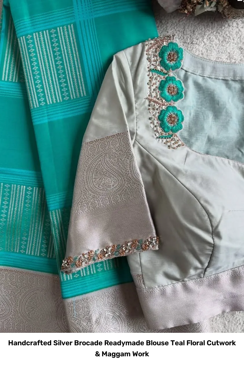 Handcrafted Silver Brocade Readymade Blouse – Teal Floral Cutwork & Maggam Work 2