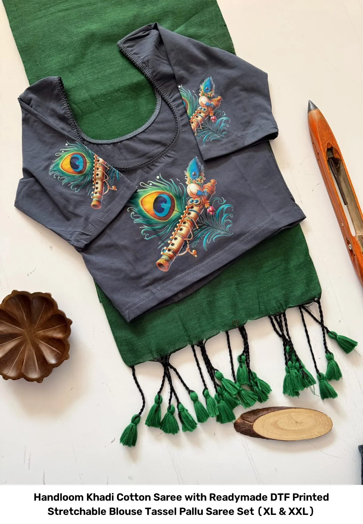 Handloom Khadi Cotton Saree with Readymade DTF Printed Stretchable Blouse – Tassel Pallu Saree Set (XL & XXL) 15