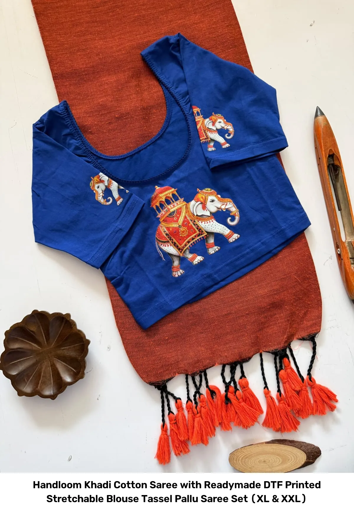 Handloom Khadi Cotton Saree with Readymade DTF Printed Stretchable Blouse – Tassel Pallu Saree Set (XL & XXL) 16