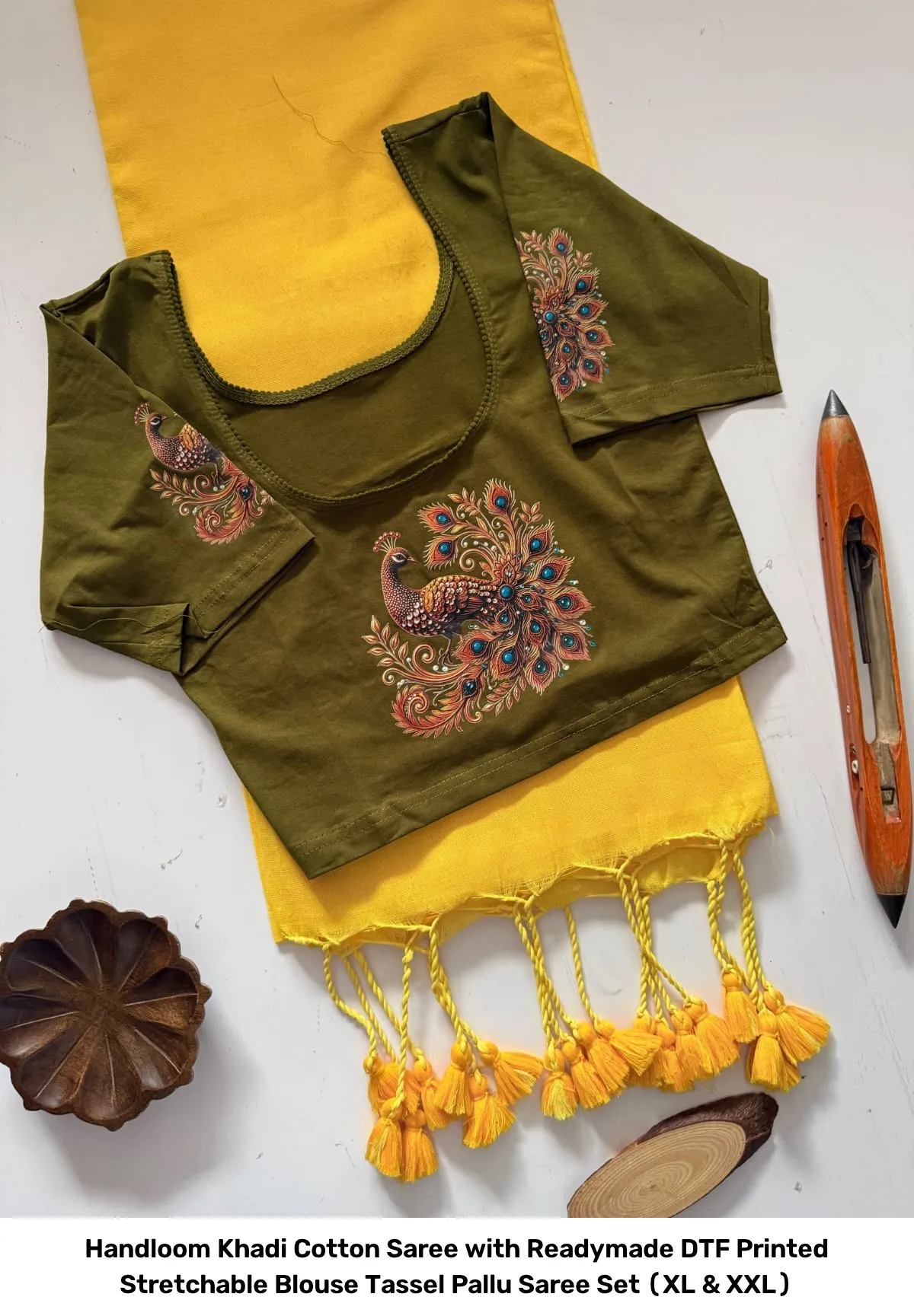 Handloom Khadi Cotton Saree with Readymade DTF Printed Stretchable Blouse – Tassel Pallu Saree Set (XL & XXL) 19
