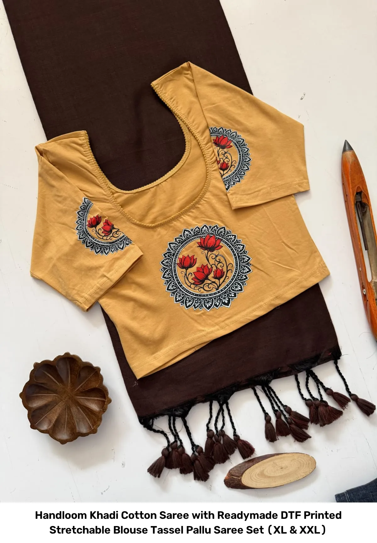 Handloom Khadi Cotton Saree with Readymade DTF Printed Stretchable Blouse – Tassel Pallu Saree Set (XL & XXL) 21