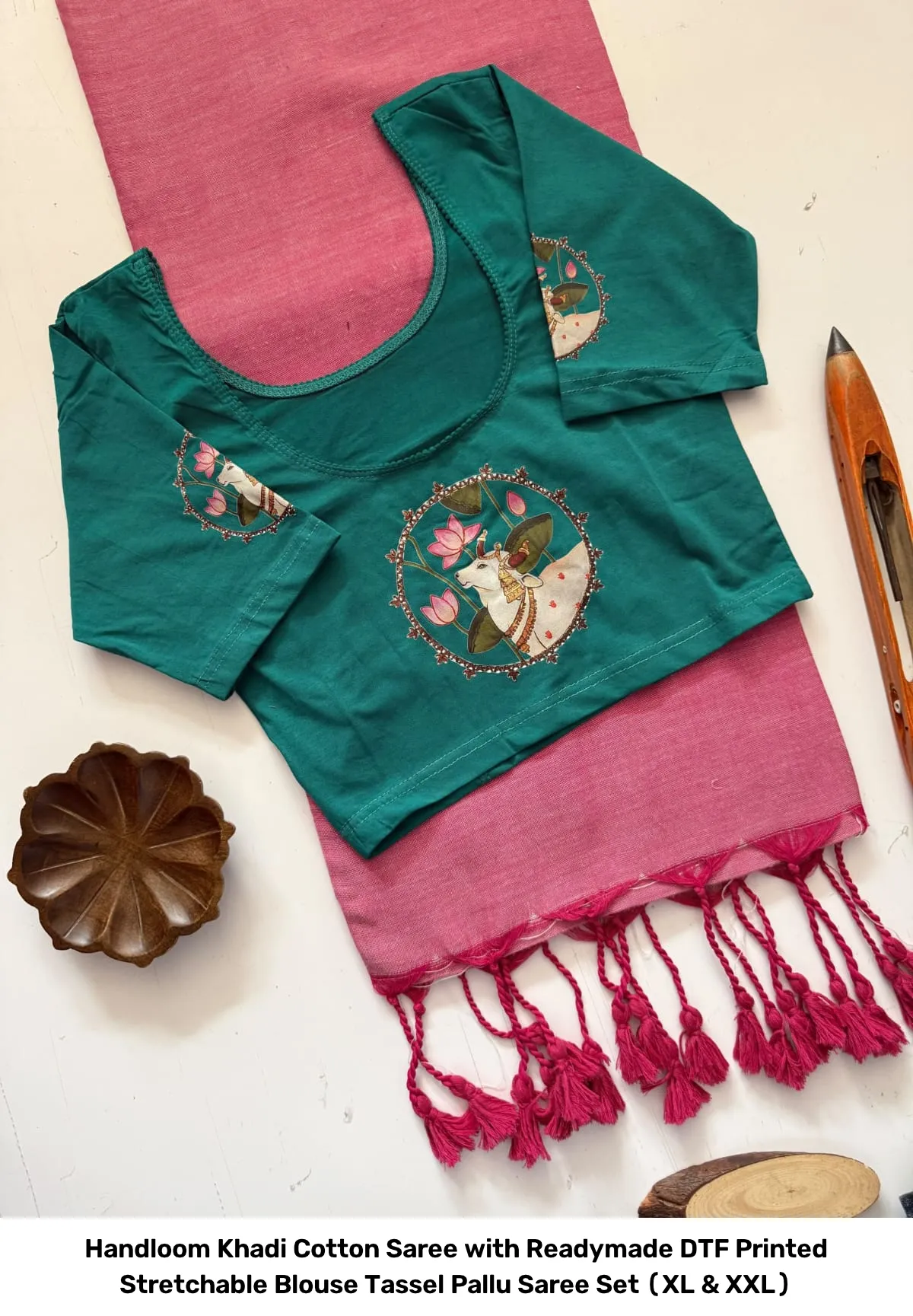 Handloom Khadi Cotton Saree with Readymade DTF Printed Stretchable Blouse – Tassel Pallu Saree Set (XL & XXL) 9