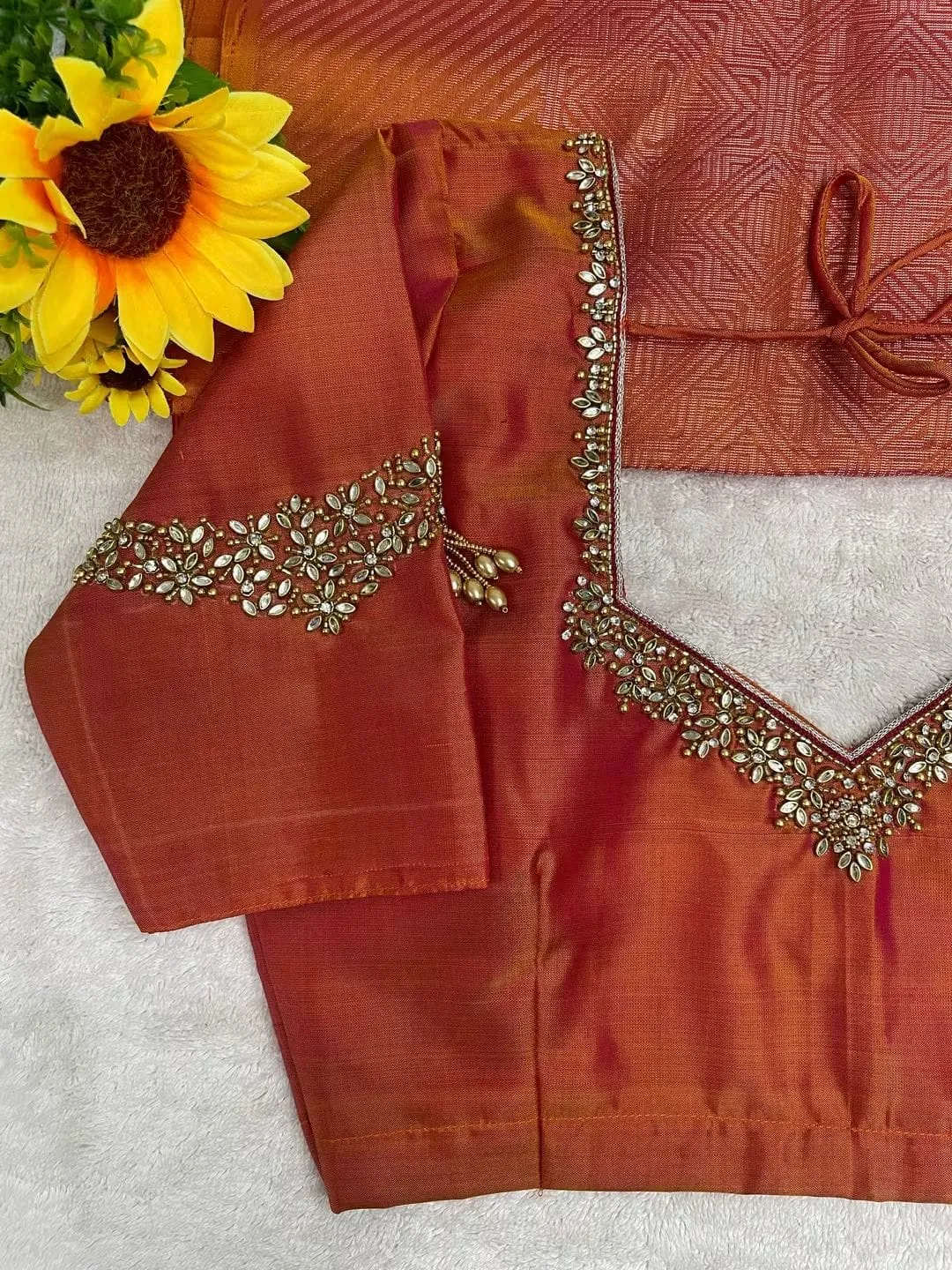 Handmade Rust Red Maggam Work Blouse | Heavy Stone & Pearl Embellished Choli 1