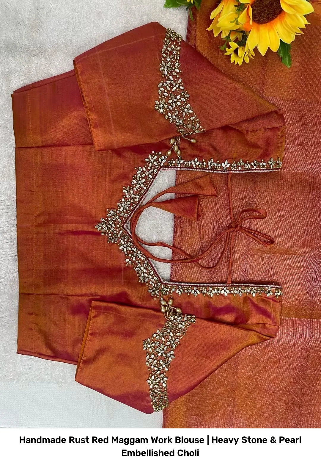 Handmade Rust Red Maggam Work Blouse | Heavy Stone & Pearl Embellished Choli 2