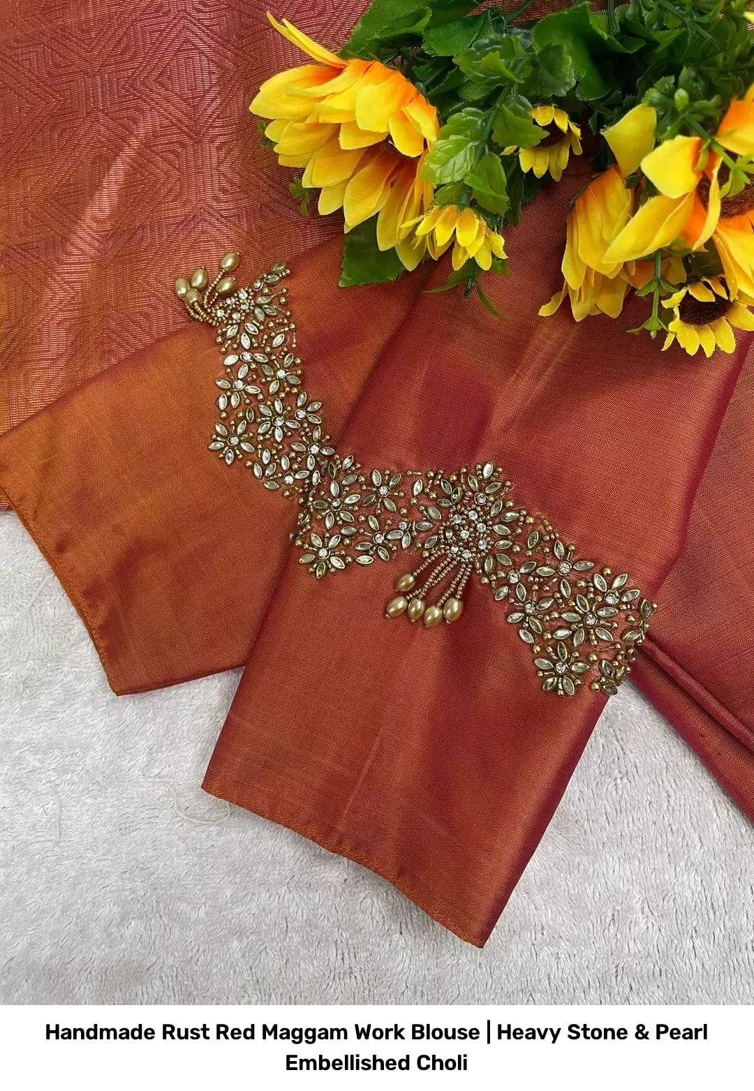 Handmade Rust Red Maggam Work Blouse | Heavy Stone & Pearl Embellished Choli 3