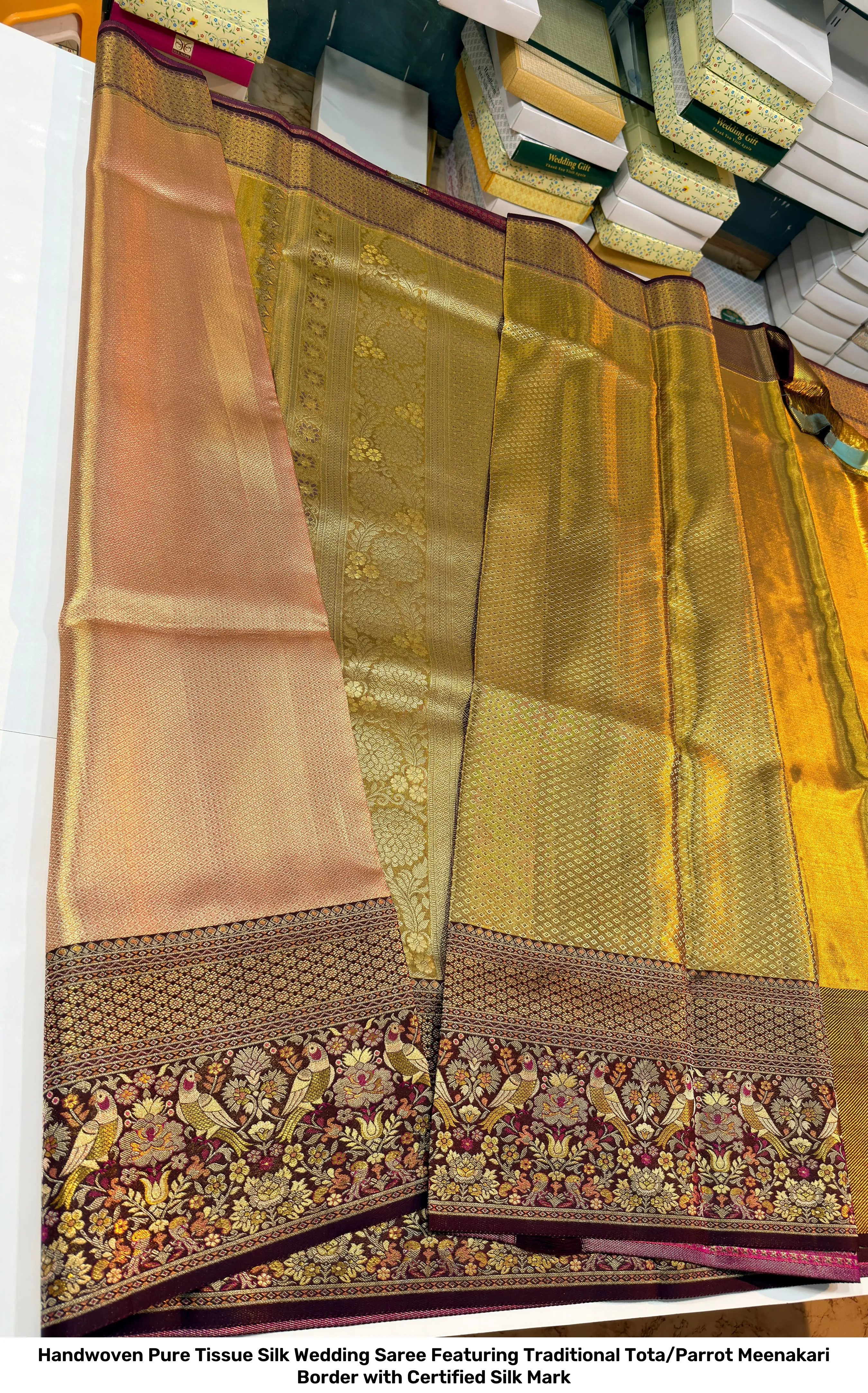 Handwoven Pure Tissue Silk Wedding Saree Featuring Traditional Tota/Parrot Meenakari Border with Certified Silk Mark 2