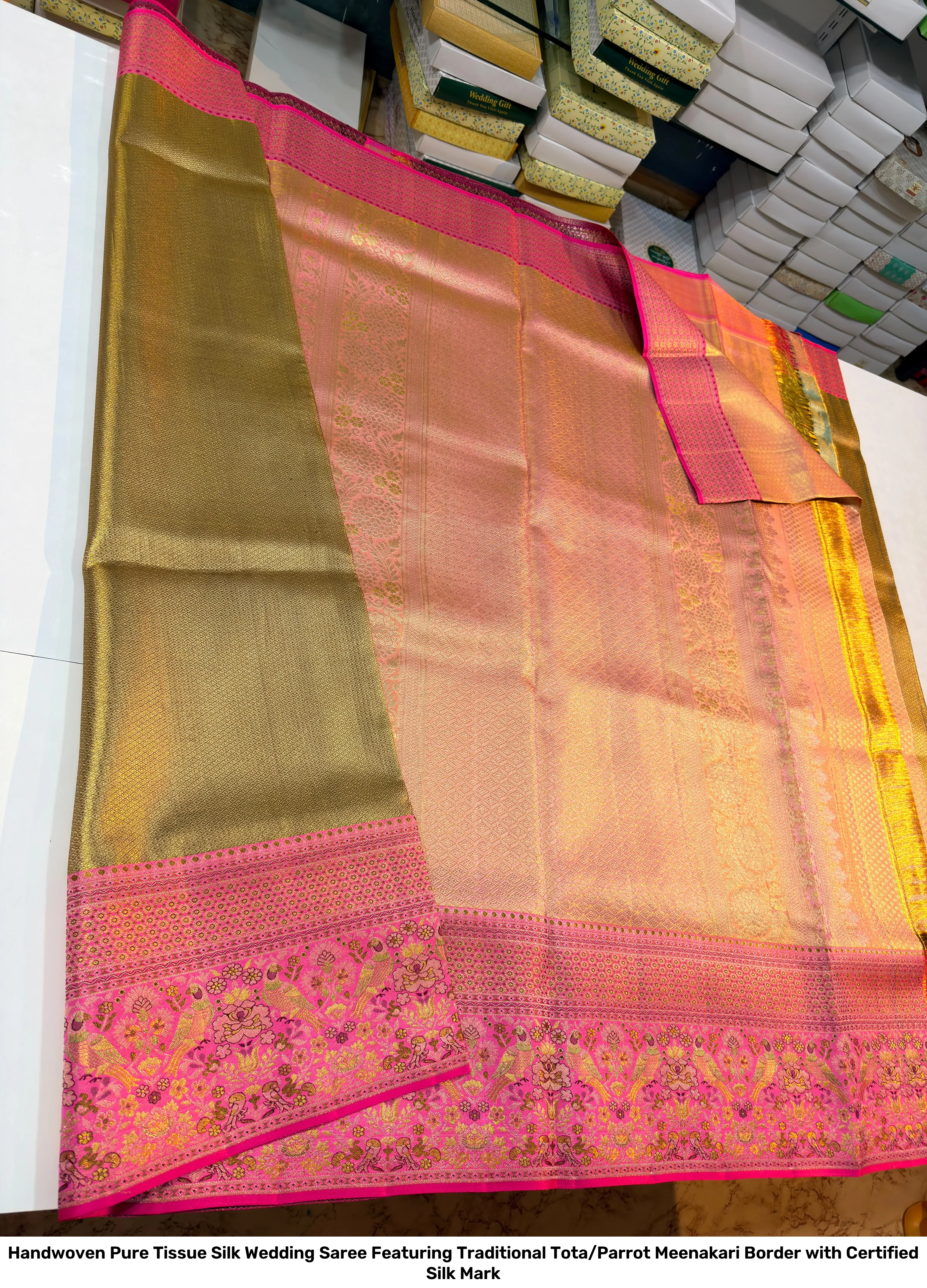 Handwoven Pure Tissue Silk Wedding Saree Featuring Traditional Tota/Parrot Meenakari Border with Certified Silk Mark 3