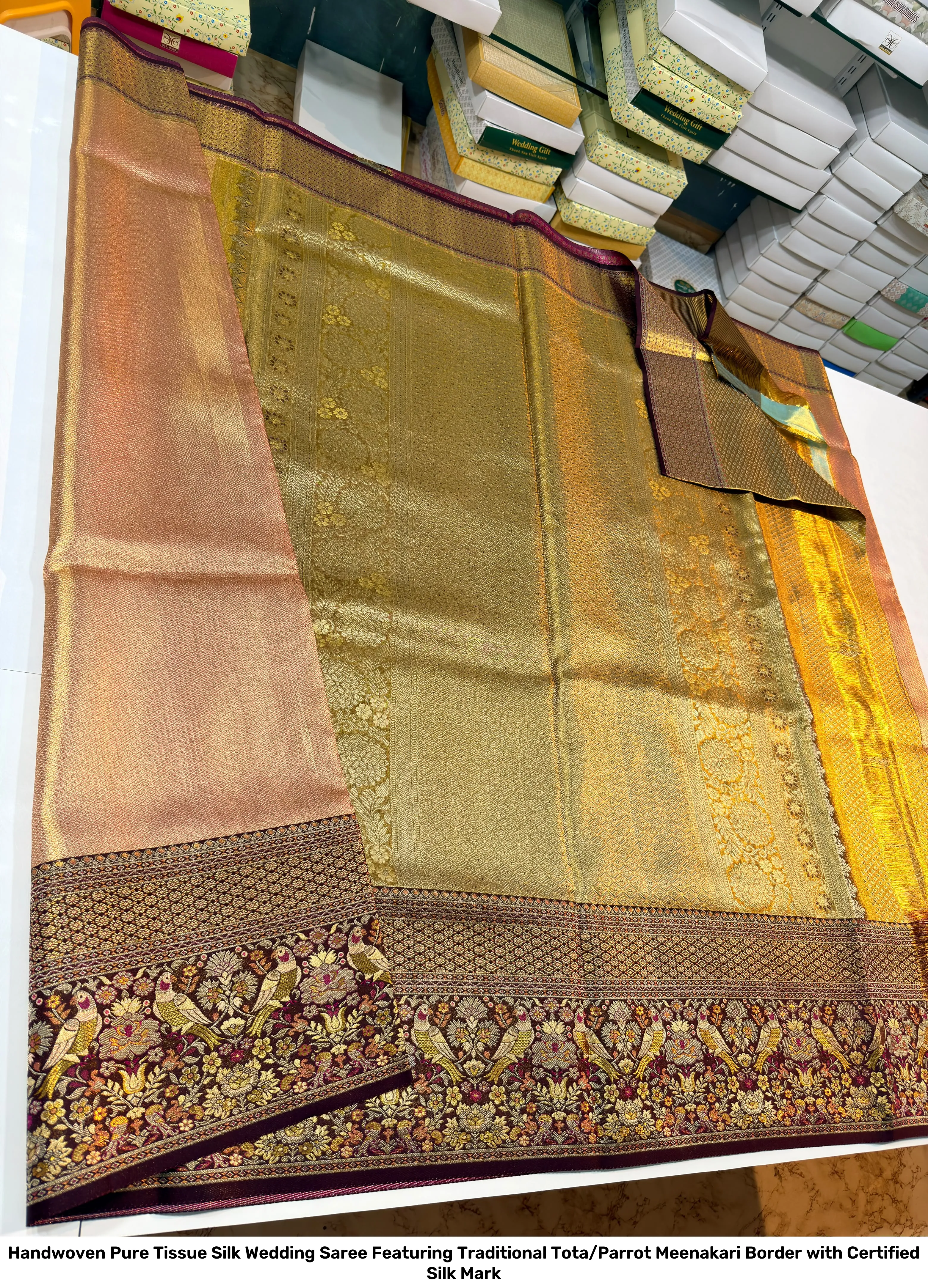 Handwoven Pure Tissue Silk Wedding Saree Featuring Traditional Tota/Parrot Meenakari Border with Certified Silk Mark 4