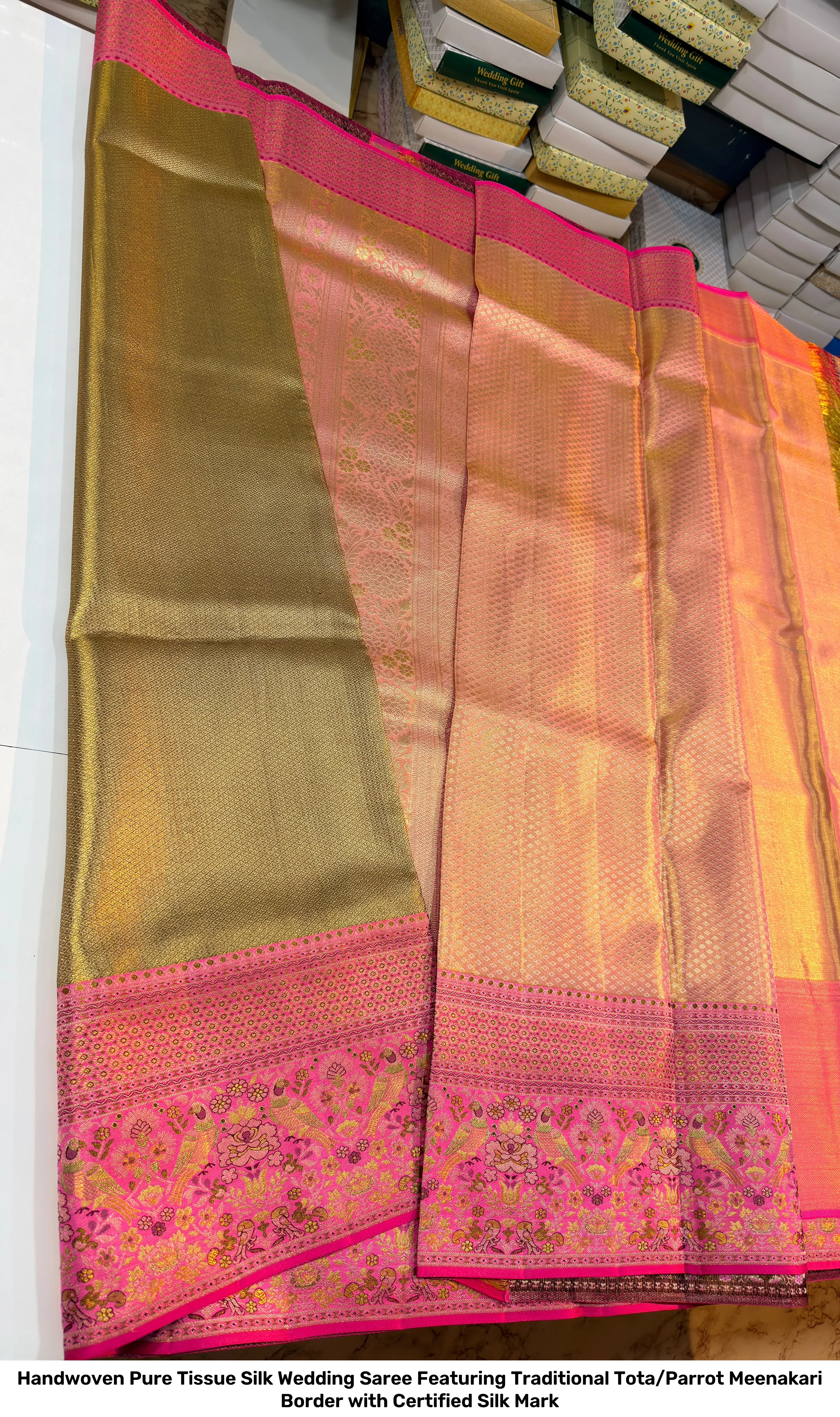 Handwoven Pure Tissue Silk Wedding Saree Featuring Traditional Tota/Parrot Meenakari Border with Certified Silk Mark 5