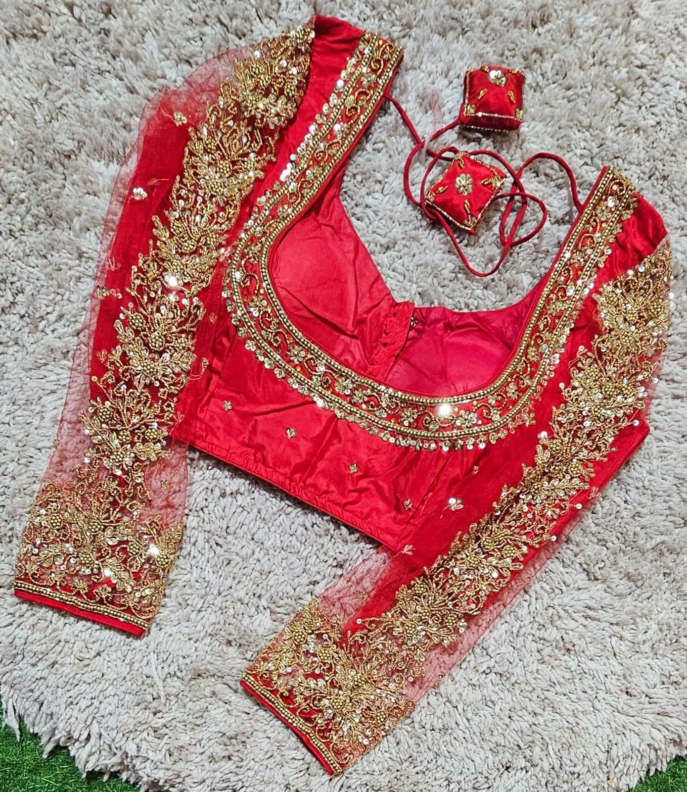 Heavy Embroidered Silk Readymade Bridal Blouse with Sheer Net Sleeves, Zardozi Floral Border & Cushion Latkan Dori | Designer Wedding Saree Blouse