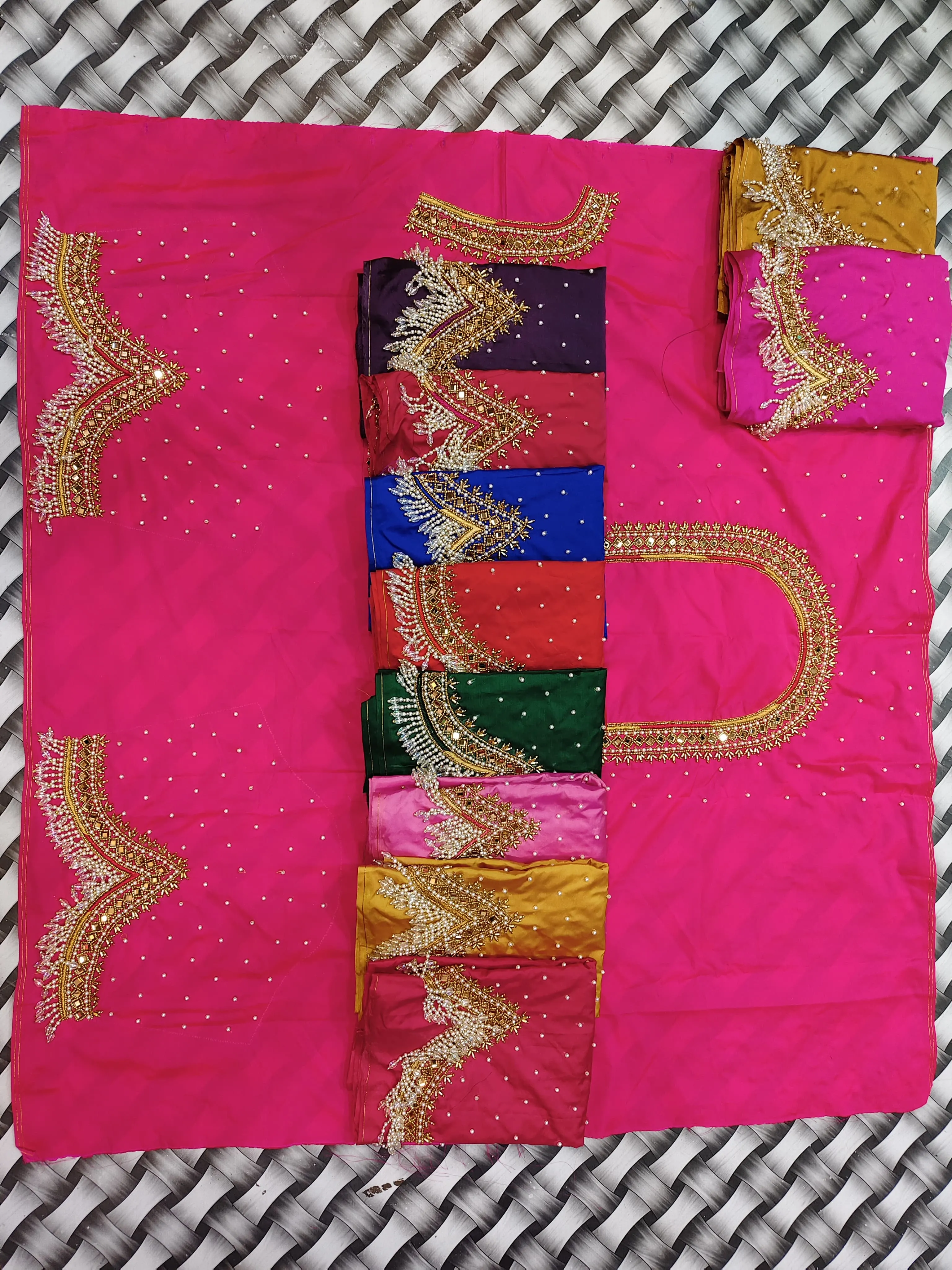 Heavy Maggam Work Blouse Piece in Pure Silk | V-Cut Pearl Tassel Sleeves & Mirror Neckline Unstitched Bridal Blouse Fabric