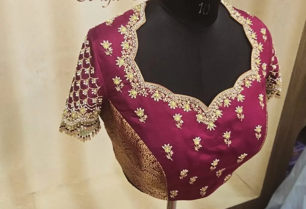 Heavy Maggam Work Maroon Silk Blouse | Readymade Wedding Blouse Online