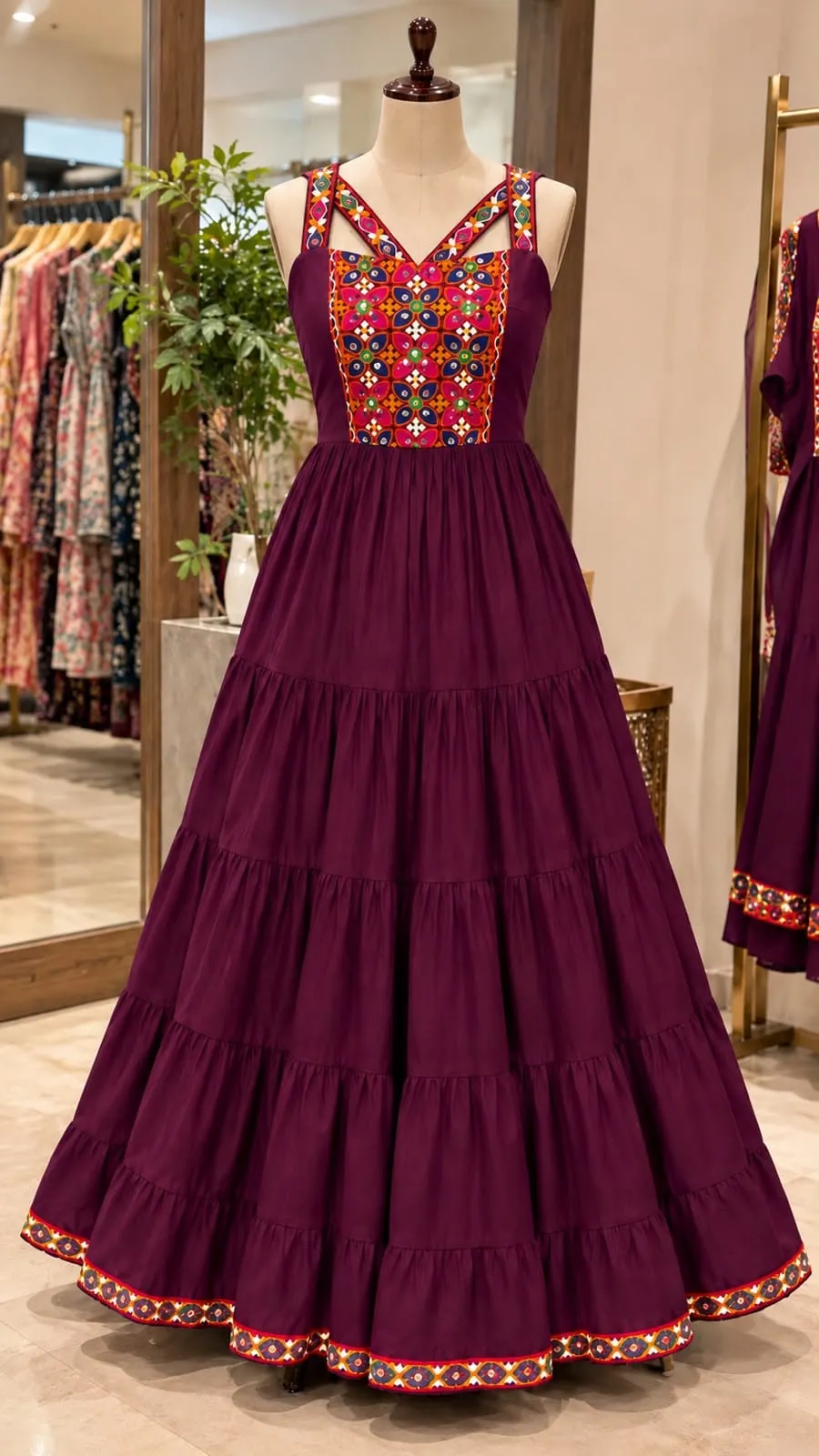 Heavy Rayon Gamthi Work Tiered Frill Gown | Sleeveless Criss-Cross Back Ethnic Maxi Dress with Lace Border