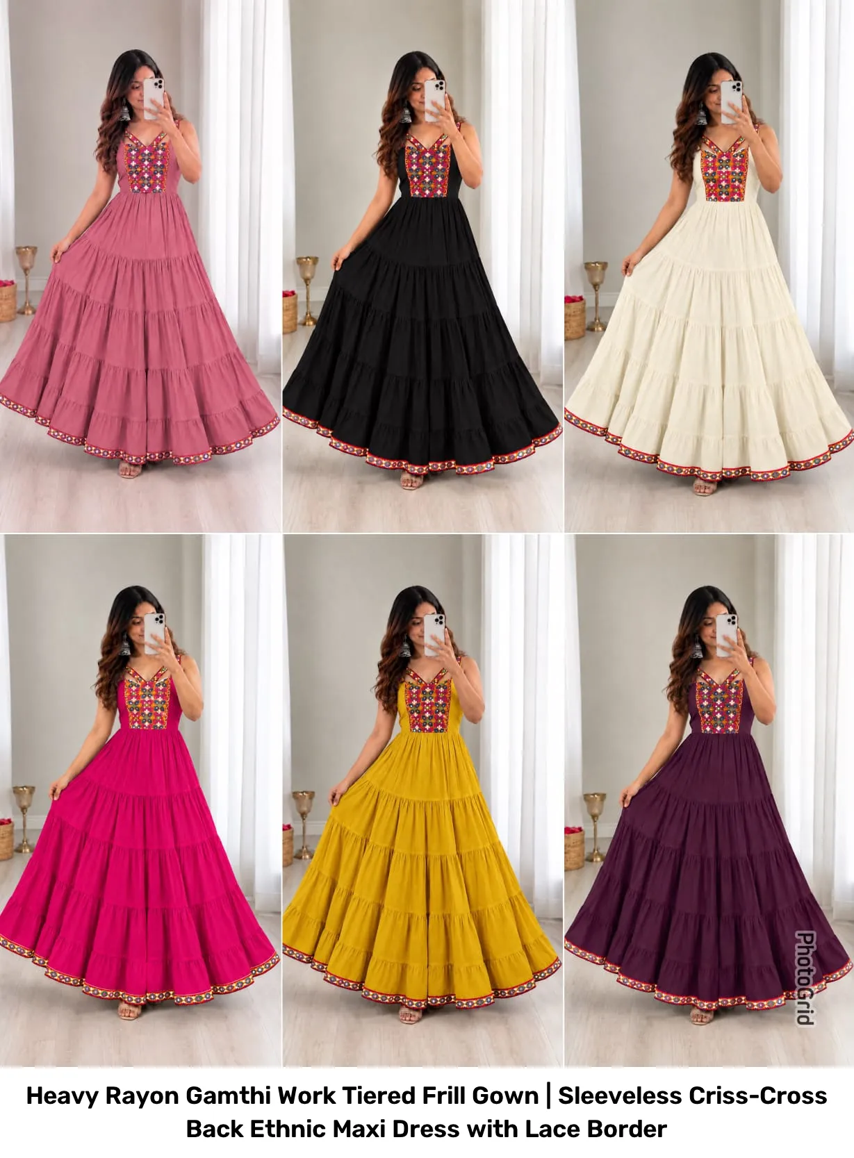Heavy Rayon Gamthi Work Tiered Frill Gown | Sleeveless Criss-Cross Back Ethnic Maxi Dress with Lace Border 10