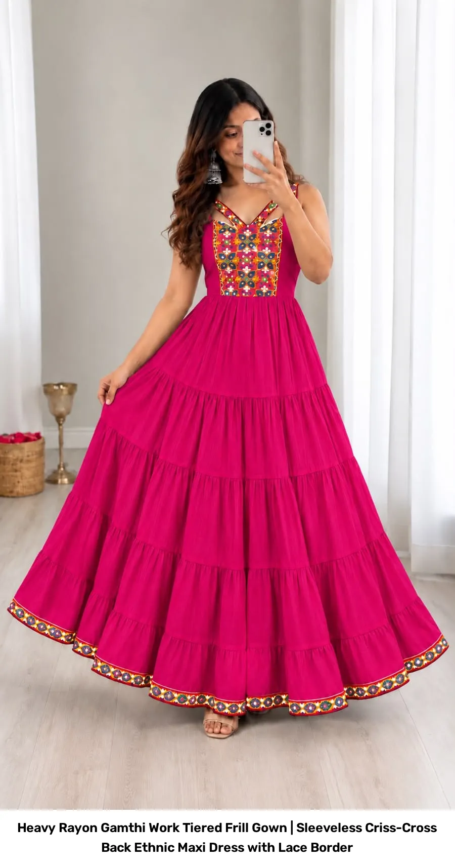 Heavy Rayon Gamthi Work Tiered Frill Gown | Sleeveless Criss-Cross Back Ethnic Maxi Dress with Lace Border 2