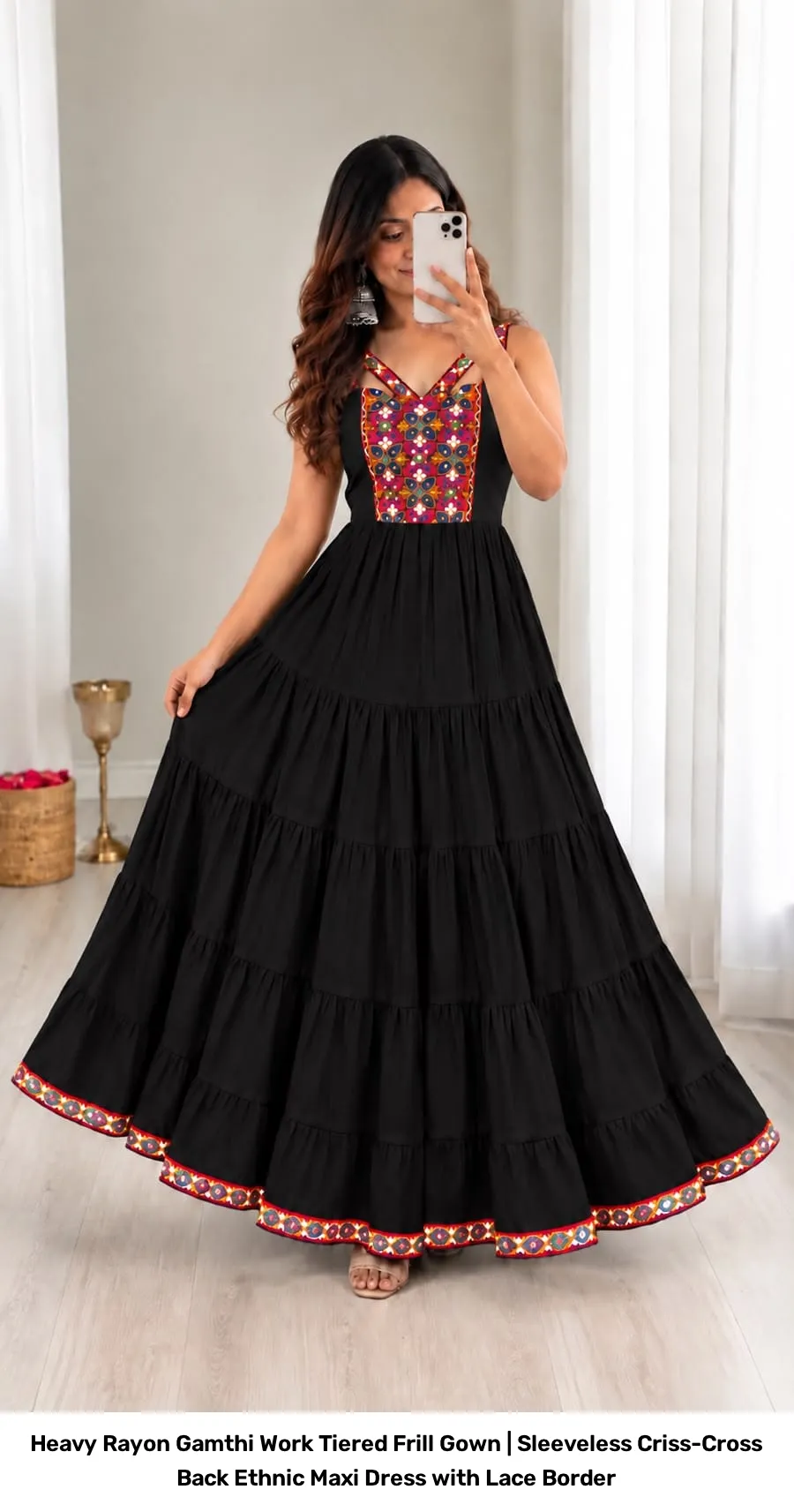 Heavy Rayon Gamthi Work Tiered Frill Gown | Sleeveless Criss-Cross Back Ethnic Maxi Dress with Lace Border 3