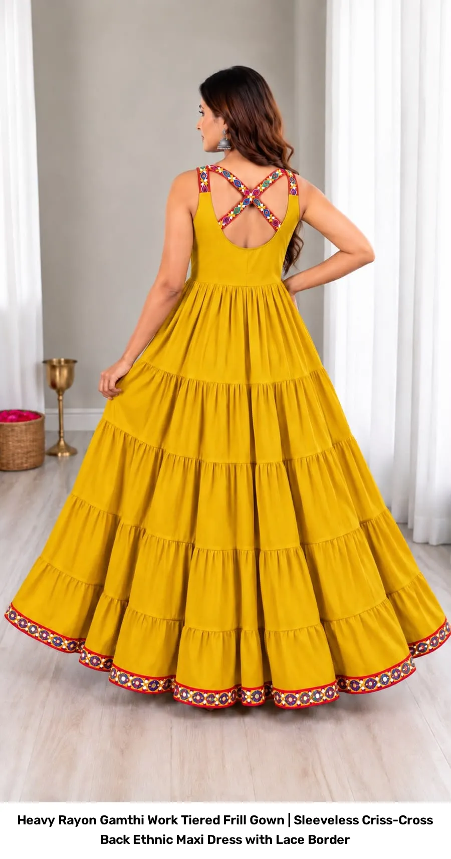 Heavy Rayon Gamthi Work Tiered Frill Gown | Sleeveless Criss-Cross Back Ethnic Maxi Dress with Lace Border 4