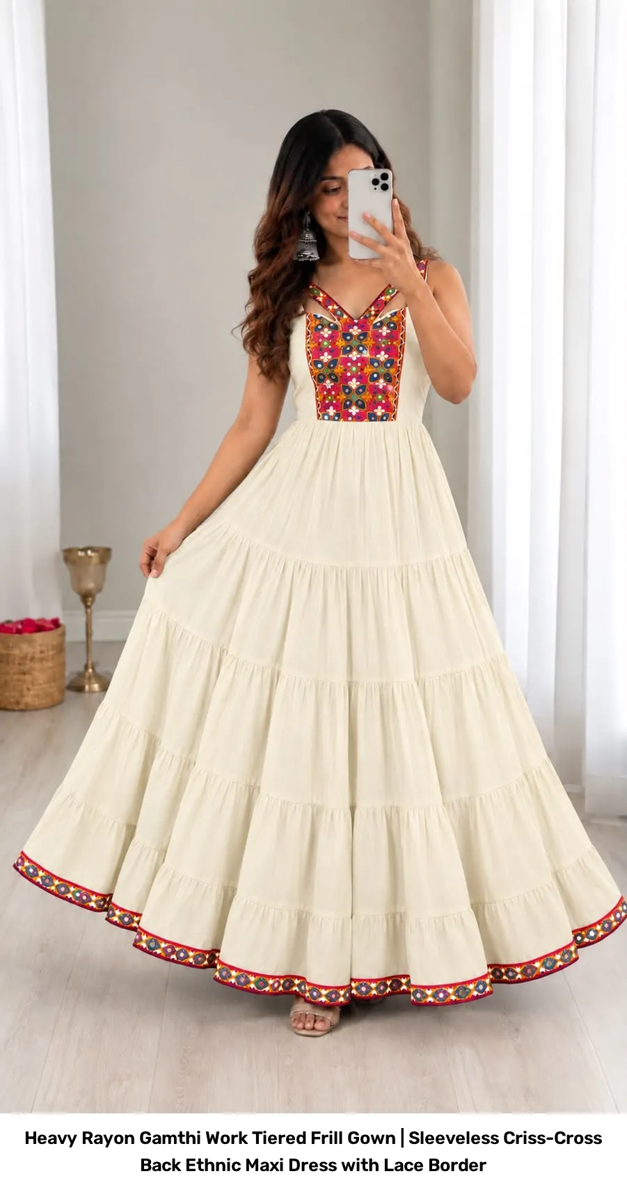 Heavy Rayon Gamthi Work Tiered Frill Gown | Sleeveless Criss-Cross Back Ethnic Maxi Dress with Lace Border 5