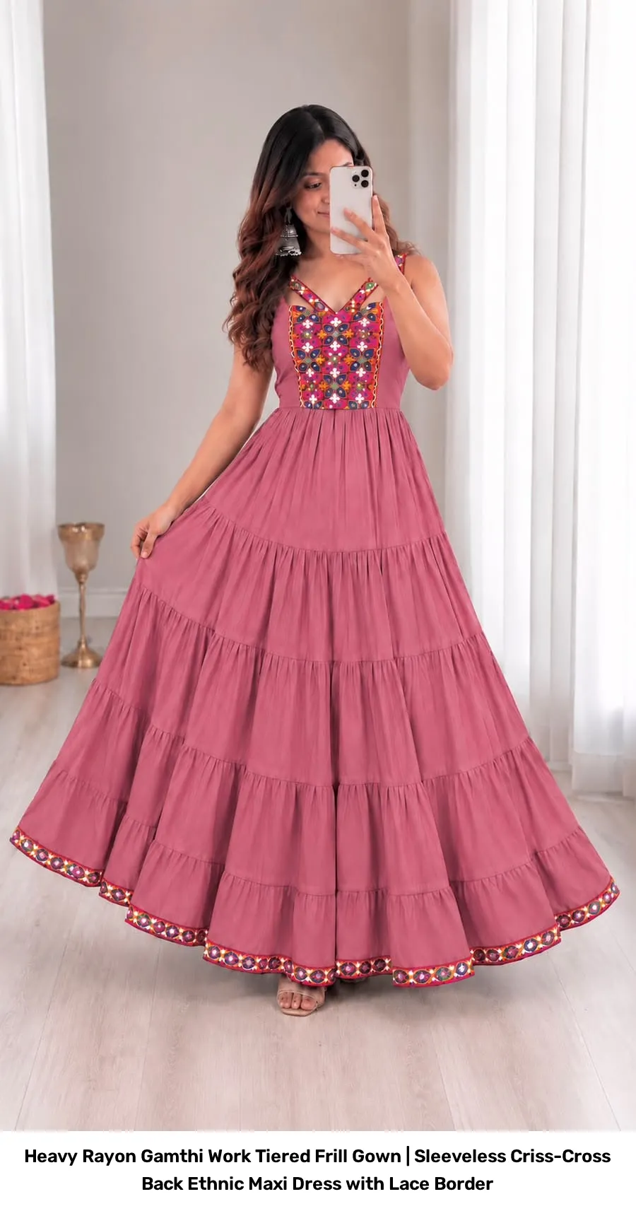 Heavy Rayon Gamthi Work Tiered Frill Gown | Sleeveless Criss-Cross Back Ethnic Maxi Dress with Lace Border 6