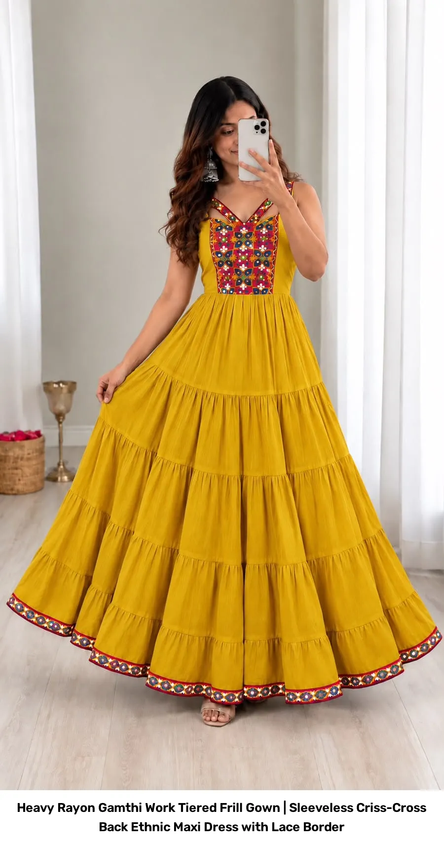 Heavy Rayon Gamthi Work Tiered Frill Gown | Sleeveless Criss-Cross Back Ethnic Maxi Dress with Lace Border 7