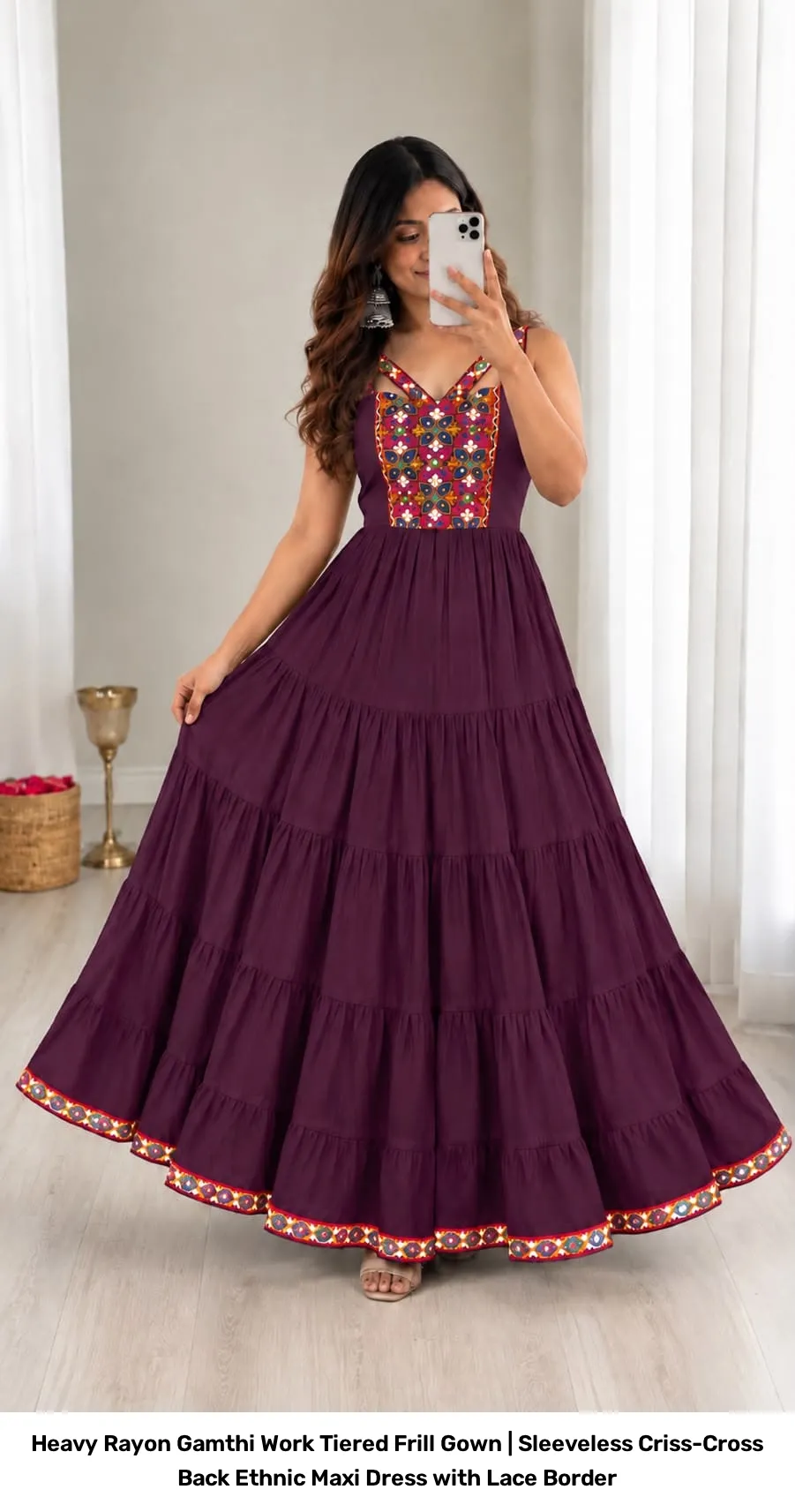 Heavy Rayon Gamthi Work Tiered Frill Gown | Sleeveless Criss-Cross Back Ethnic Maxi Dress with Lace Border 8