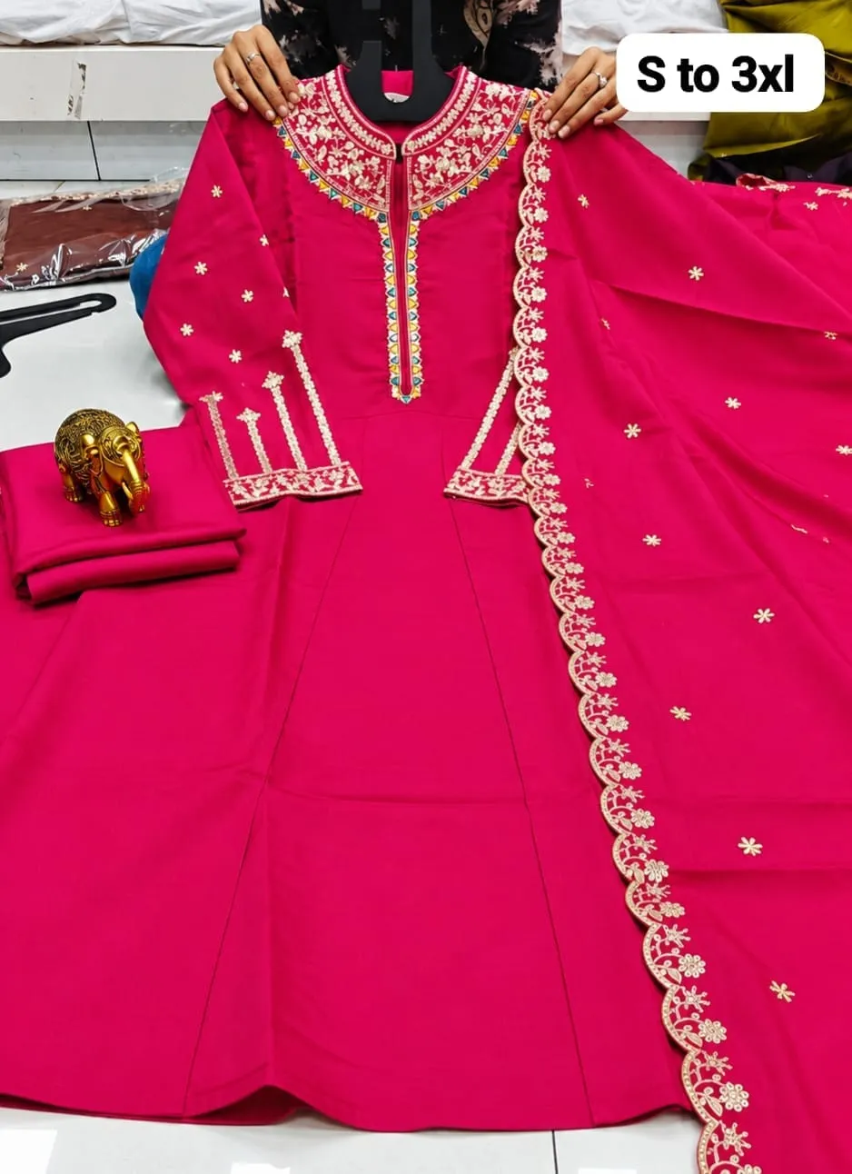 Heavy Roman Silk Embroidered Flared Anarkali Kurti Palazzo Set with Dupatta