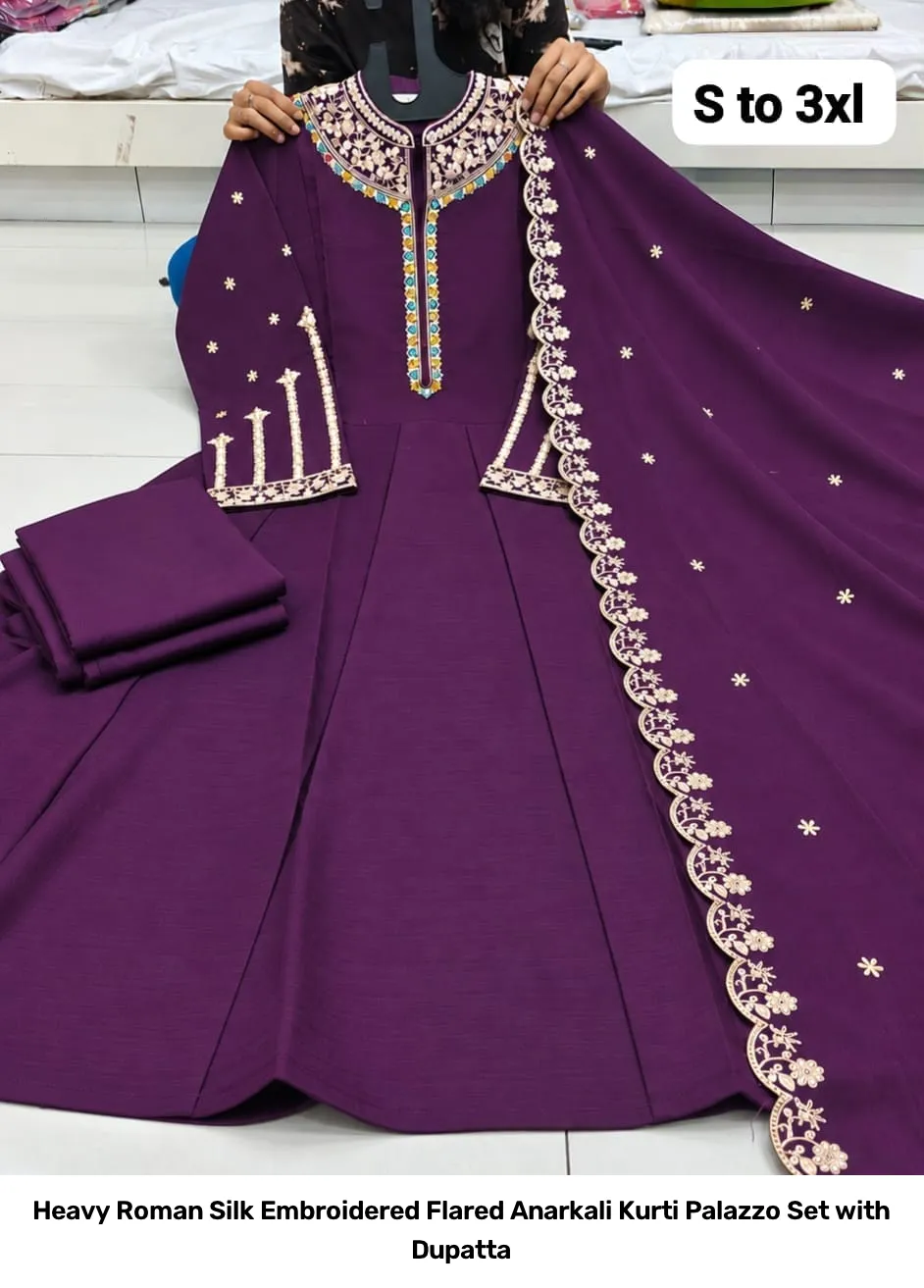Heavy Roman Silk Embroidered Flared Anarkali Kurti Palazzo Set with Dupatta 10