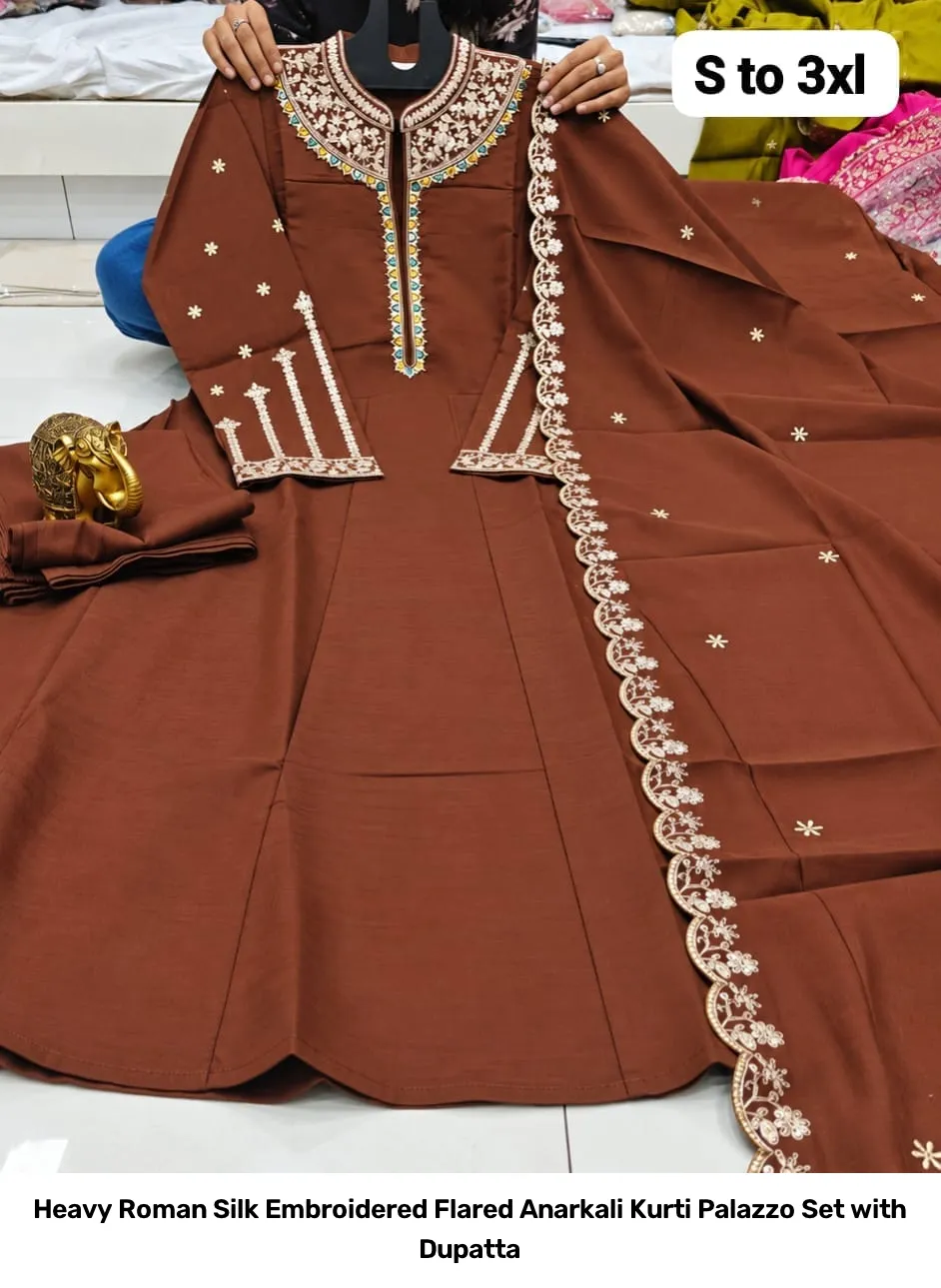 Heavy Roman Silk Embroidered Flared Anarkali Kurti Palazzo Set with Dupatta 11