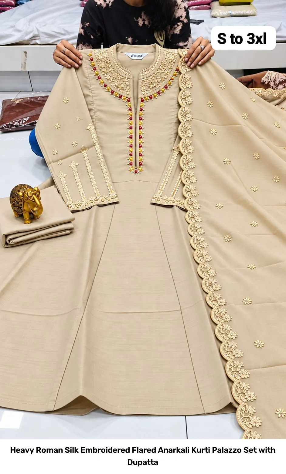 Heavy Roman Silk Embroidered Flared Anarkali Kurti Palazzo Set with Dupatta 12