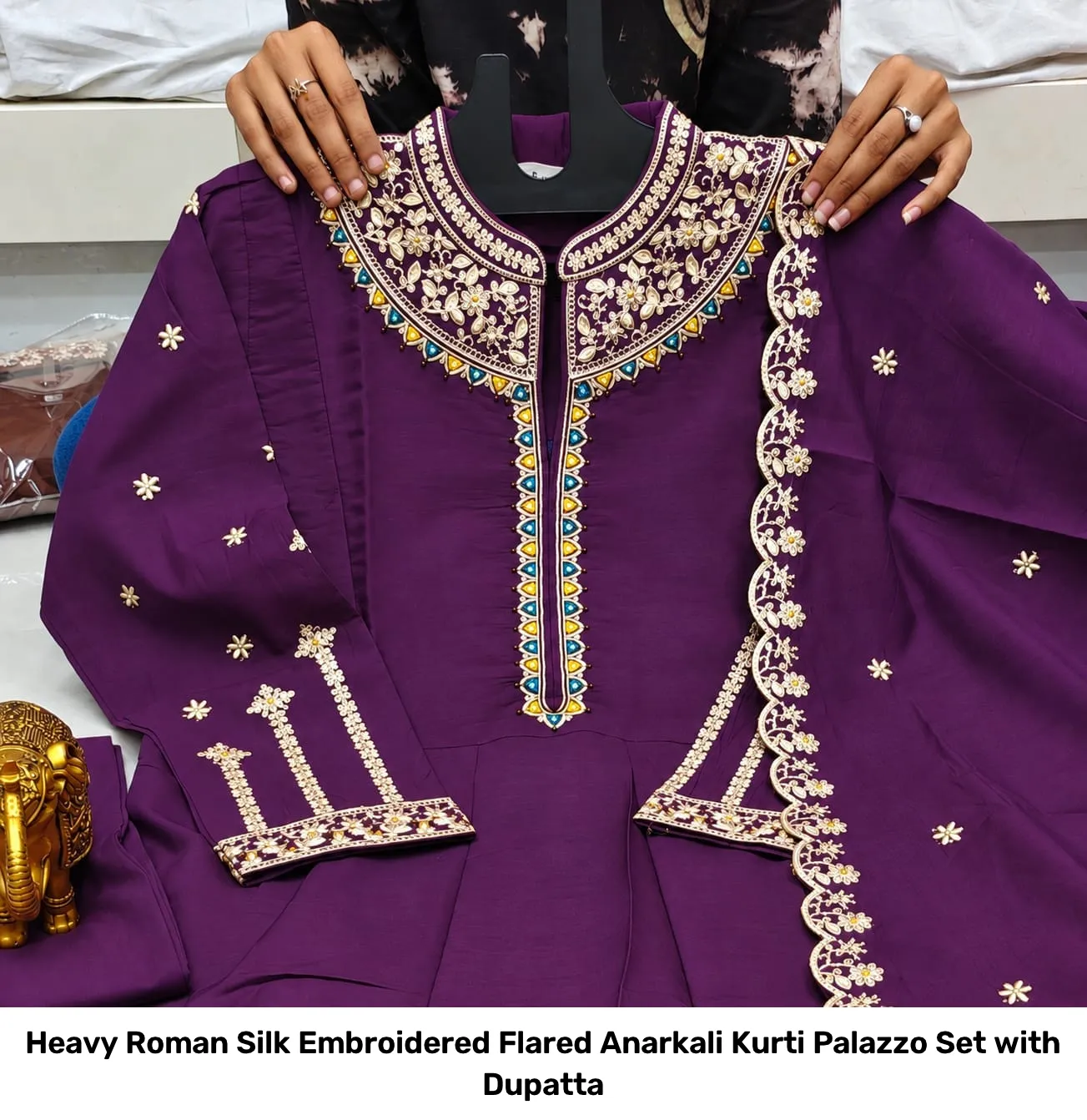 Heavy Roman Silk Embroidered Flared Anarkali Kurti Palazzo Set with Dupatta 13