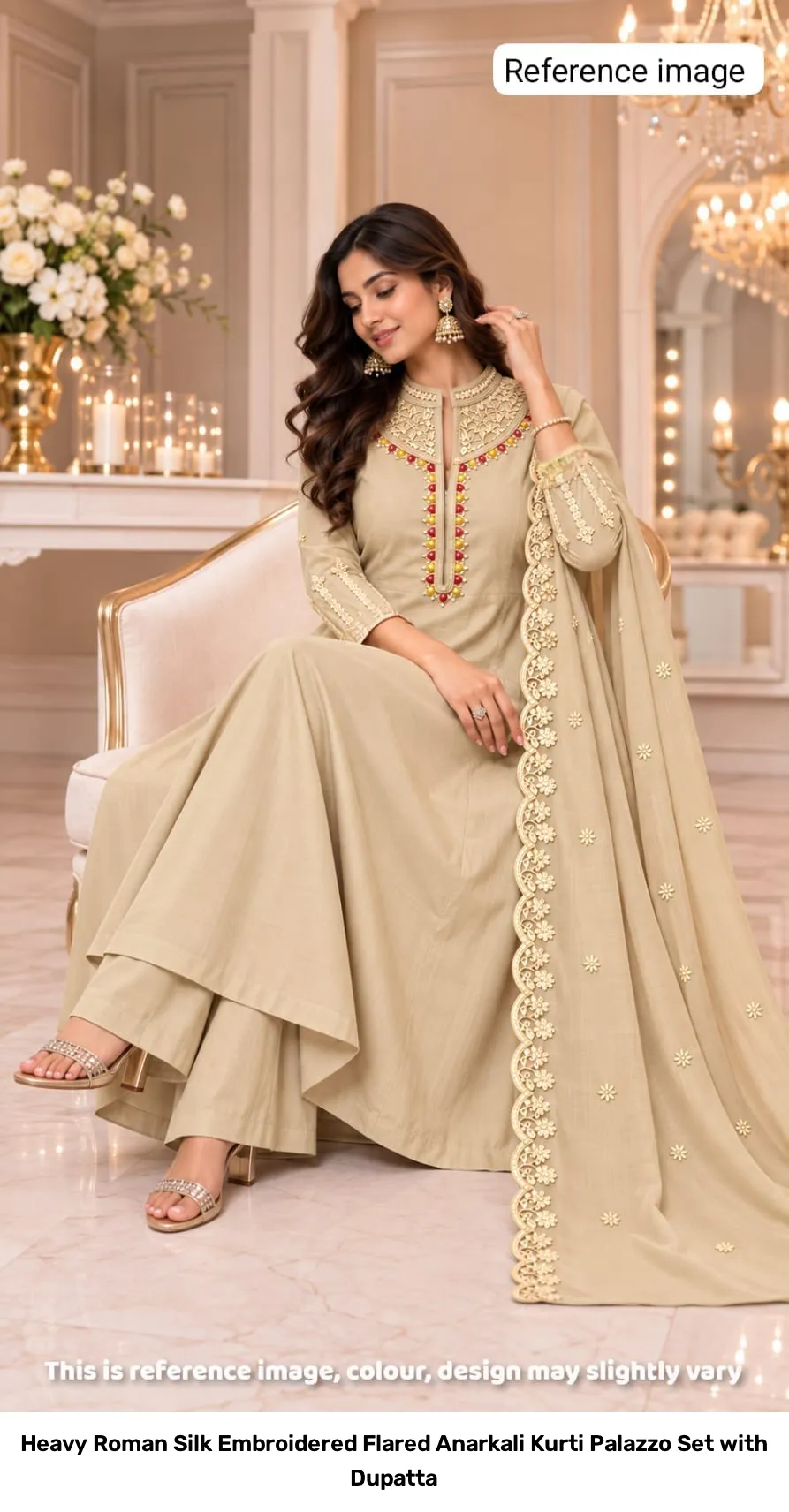 Heavy Roman Silk Embroidered Flared Anarkali Kurti Palazzo Set with Dupatta 14