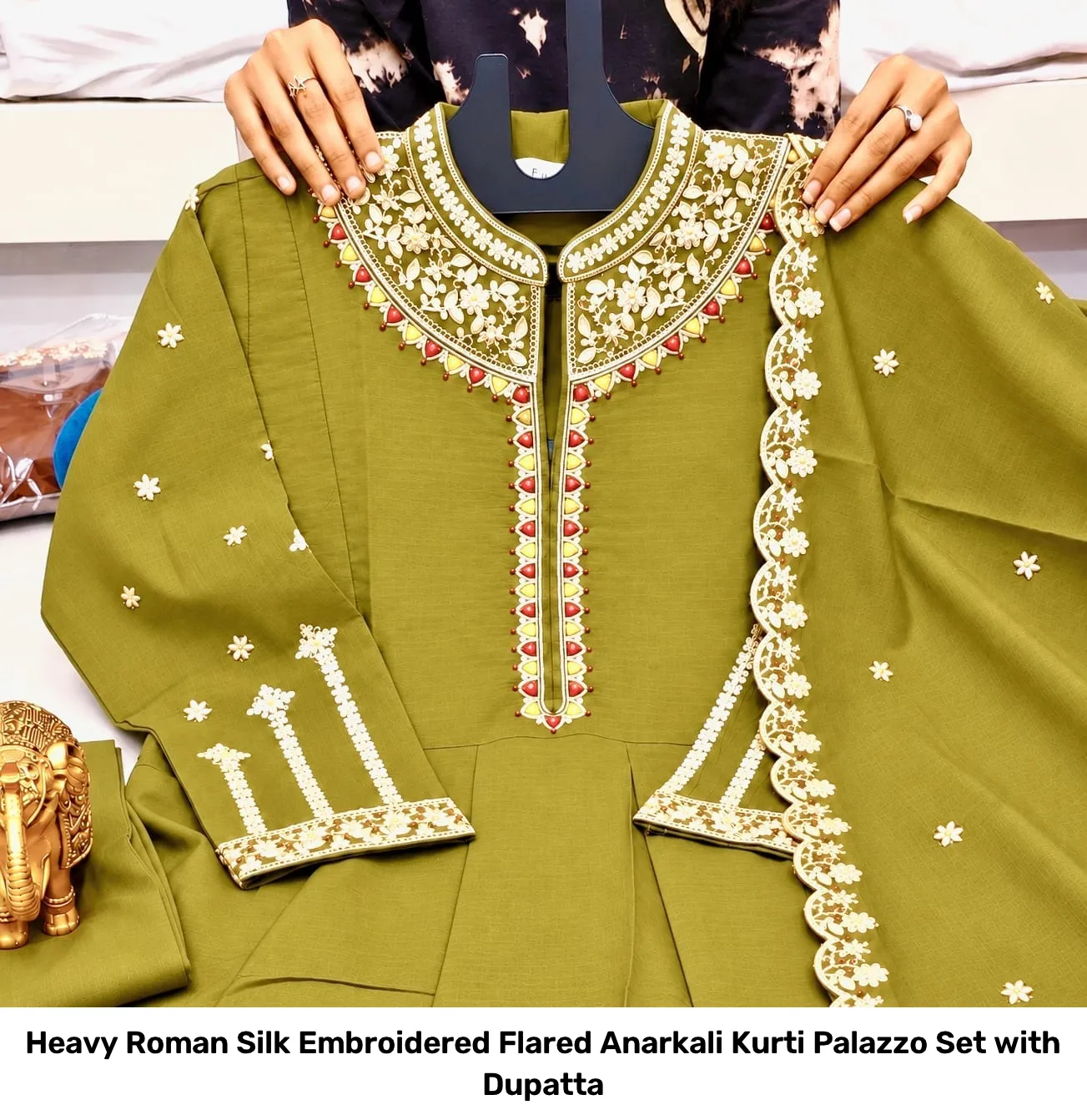 Heavy Roman Silk Embroidered Flared Anarkali Kurti Palazzo Set with Dupatta 15
