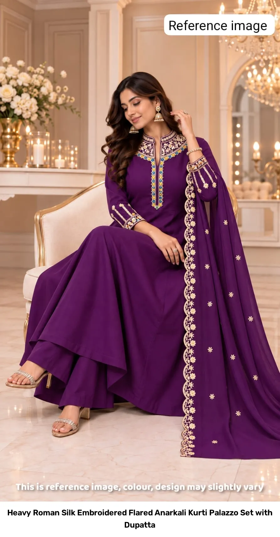 Heavy Roman Silk Embroidered Flared Anarkali Kurti Palazzo Set with Dupatta 2