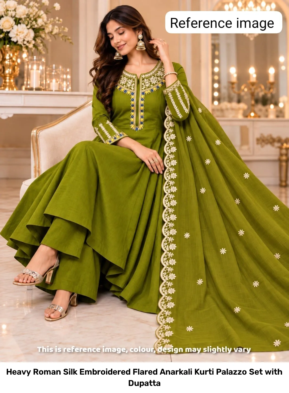 Heavy Roman Silk Embroidered Flared Anarkali Kurti Palazzo Set with Dupatta 3