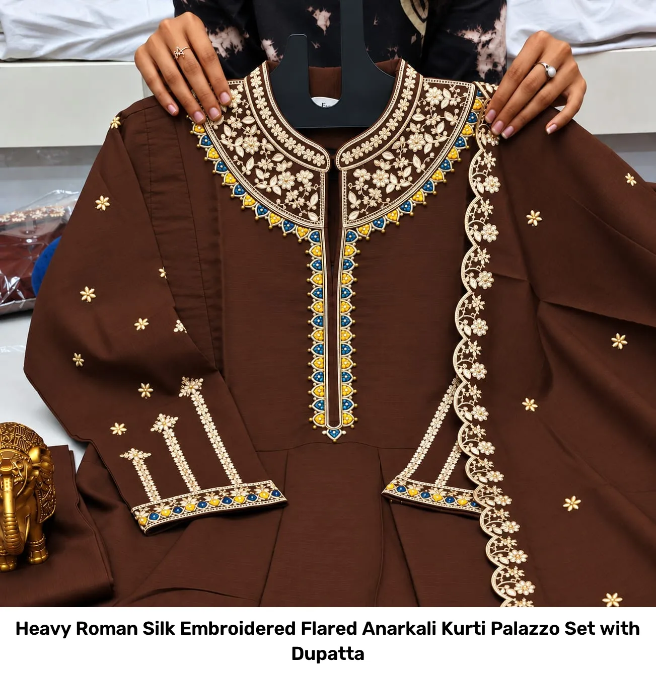 Heavy Roman Silk Embroidered Flared Anarkali Kurti Palazzo Set with Dupatta 4