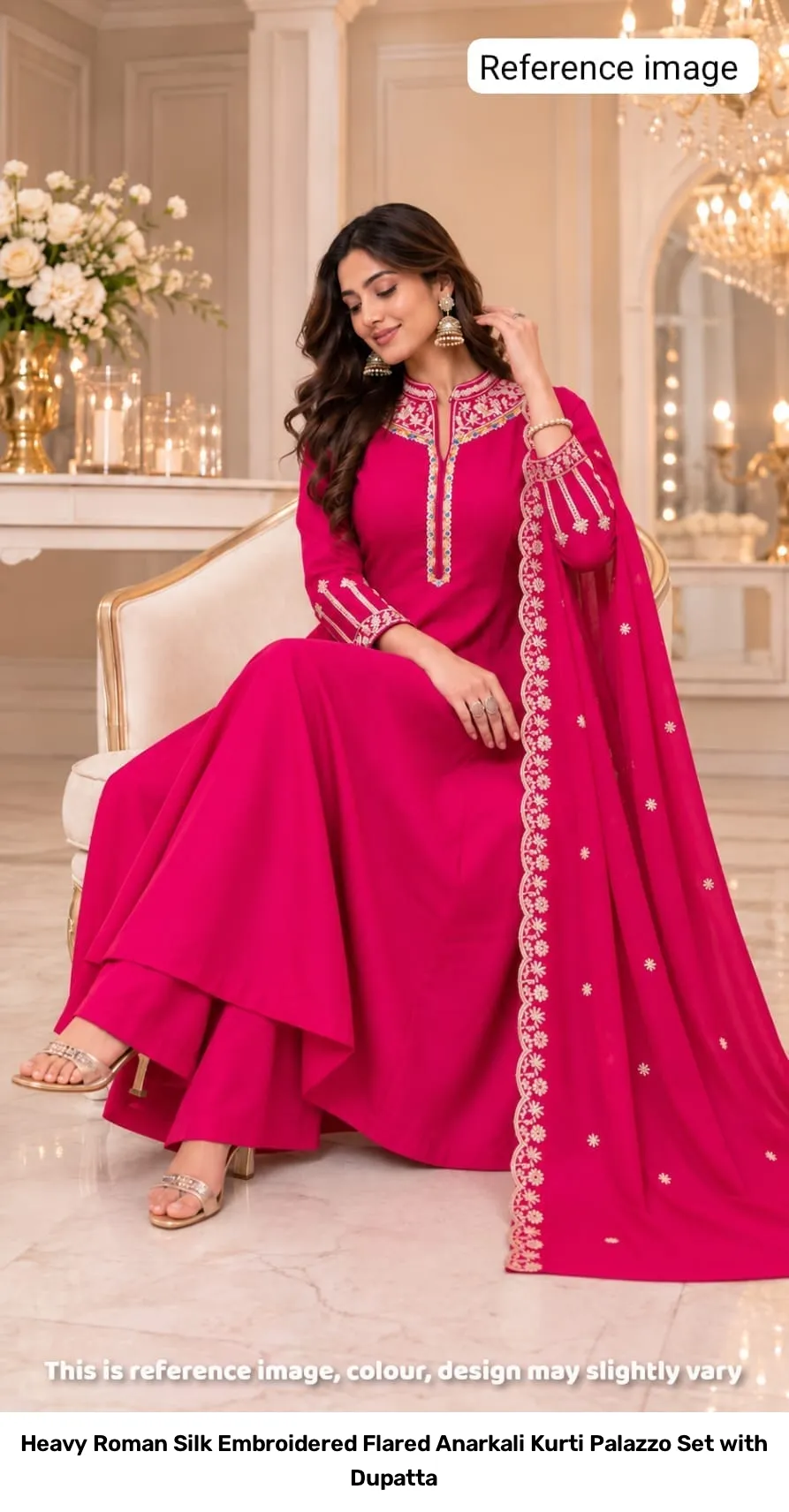 Heavy Roman Silk Embroidered Flared Anarkali Kurti Palazzo Set with Dupatta 5