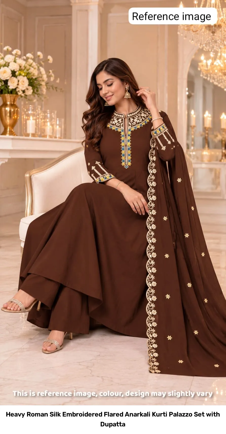 Heavy Roman Silk Embroidered Flared Anarkali Kurti Palazzo Set with Dupatta 6