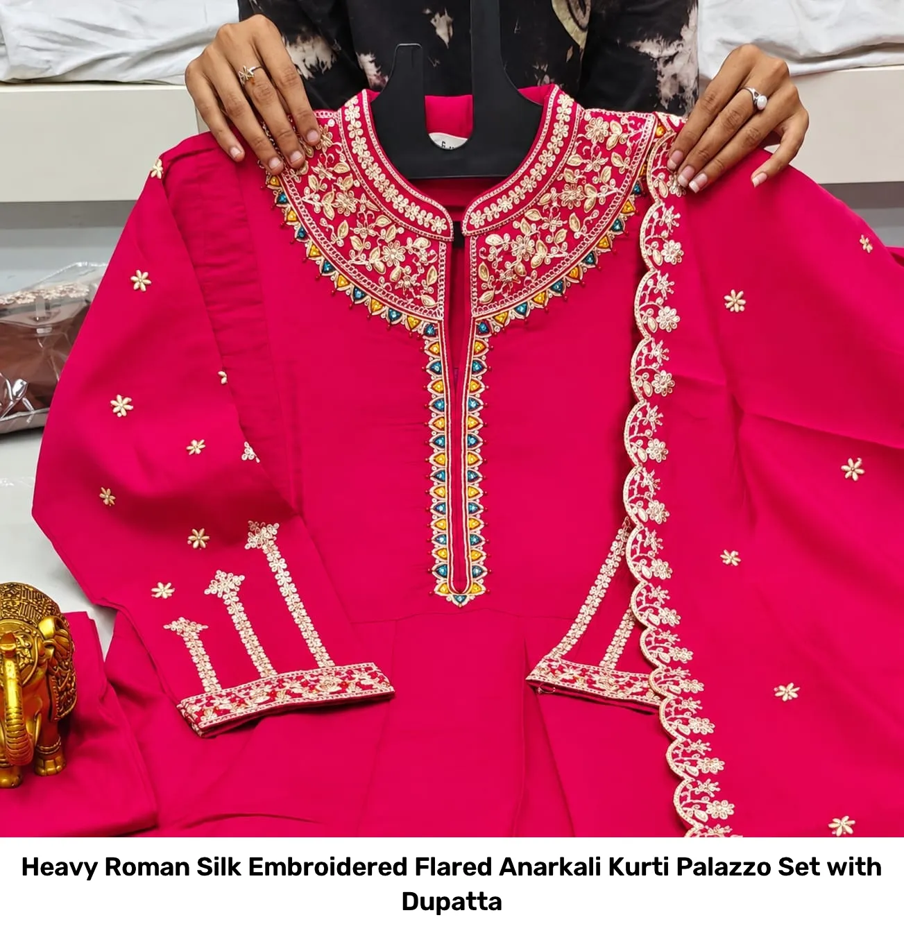 Heavy Roman Silk Embroidered Flared Anarkali Kurti Palazzo Set with Dupatta 7