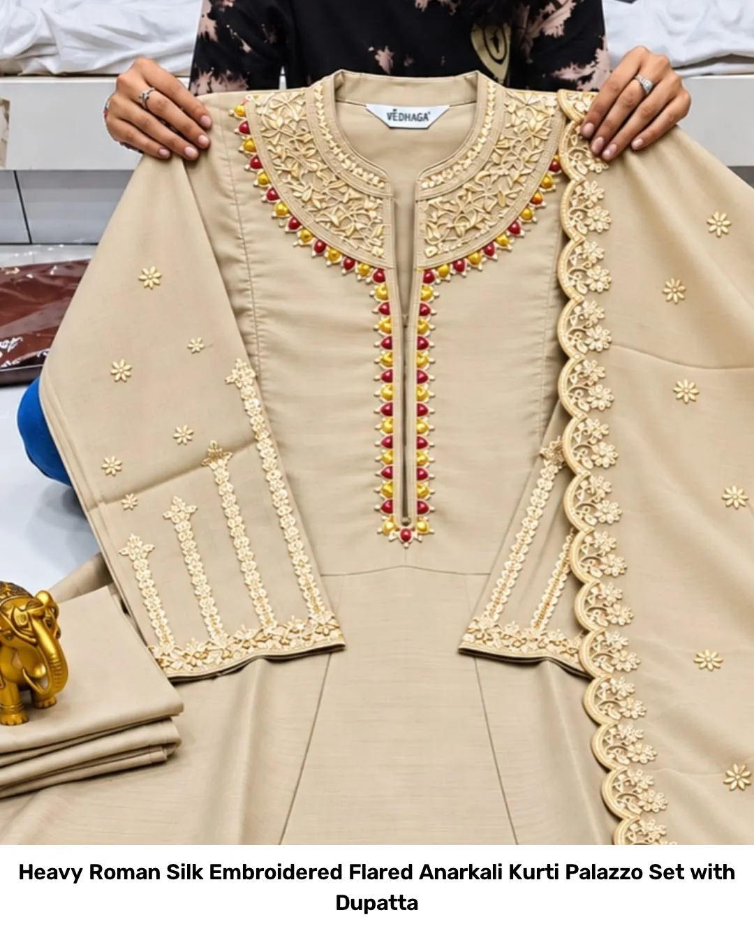 Heavy Roman Silk Embroidered Flared Anarkali Kurti Palazzo Set with Dupatta 8